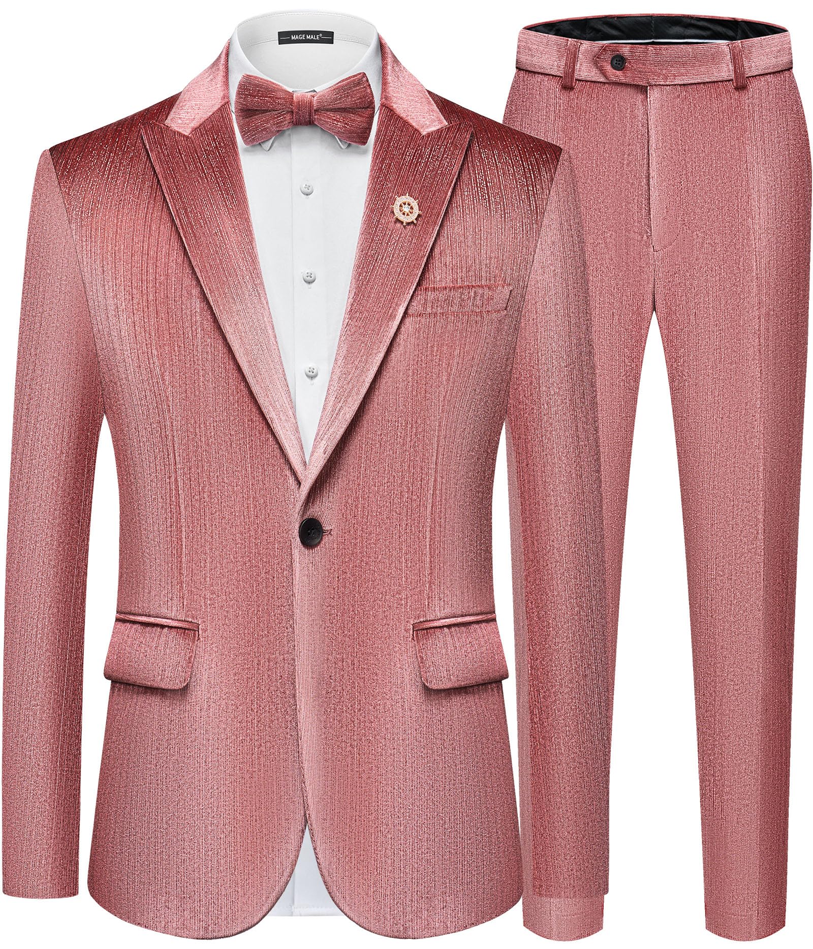 MAGE MALE Mens Suits Velvet Tuxedo Suit Set Slim Fit 2 Piece Luxurious Party Dinner Jacket Pants with Bow Tie