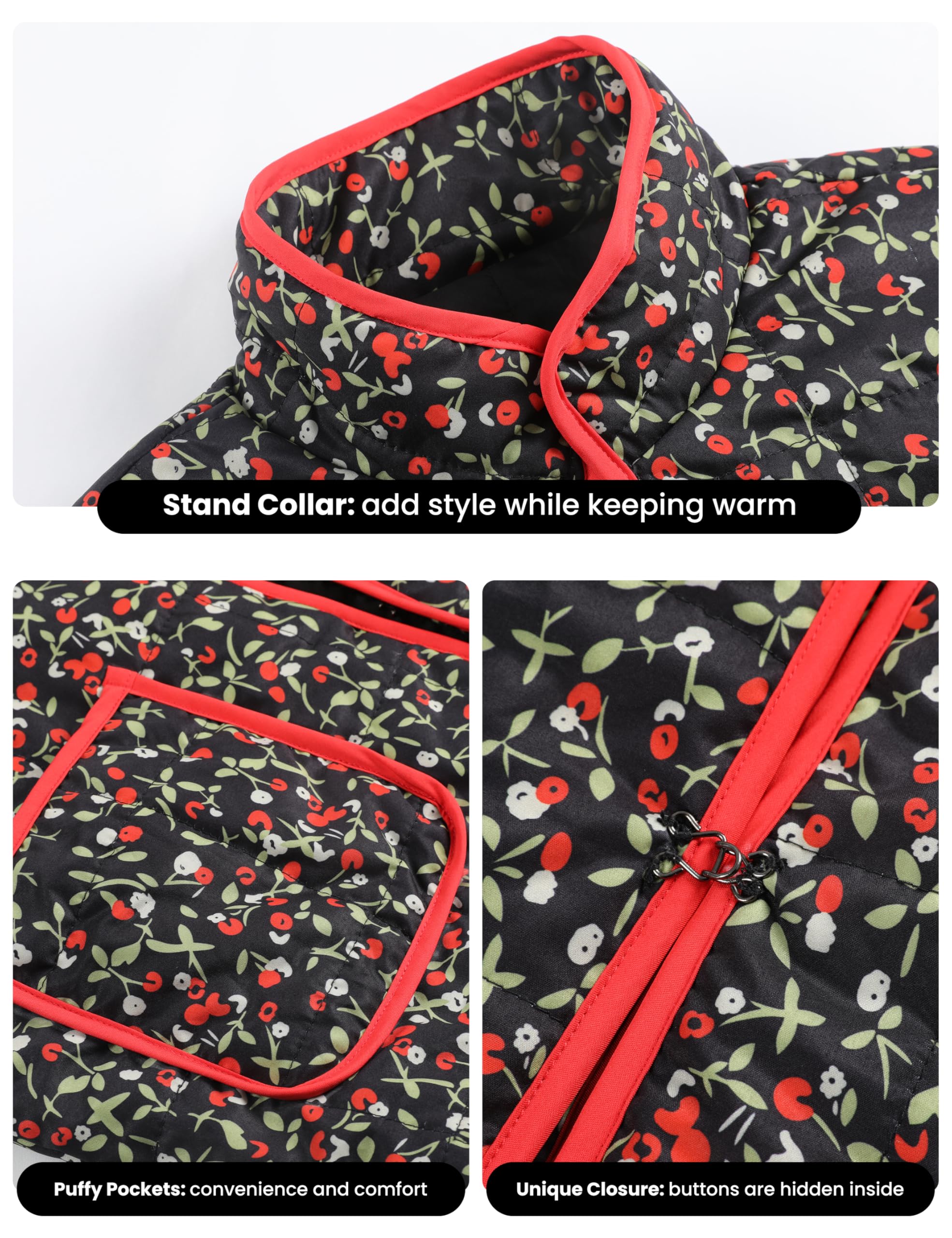 Omoone Women's Cropped Quilted Jacket Floral Printed LightWeight Padded Puffer Cardigan Coat Outwear