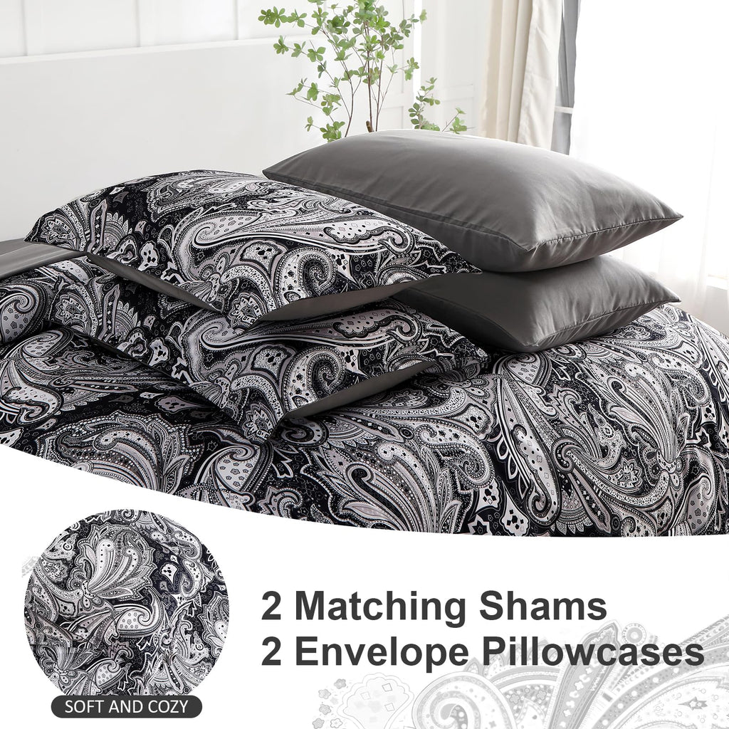 DJY Black Paisley Comforter Set Full Size 7 Piece Bed in a Bag Black and Grey Boho Paisley Pattern Comforter Set Soft Lightweight Microfiber Reversible Bedding Set for All Season