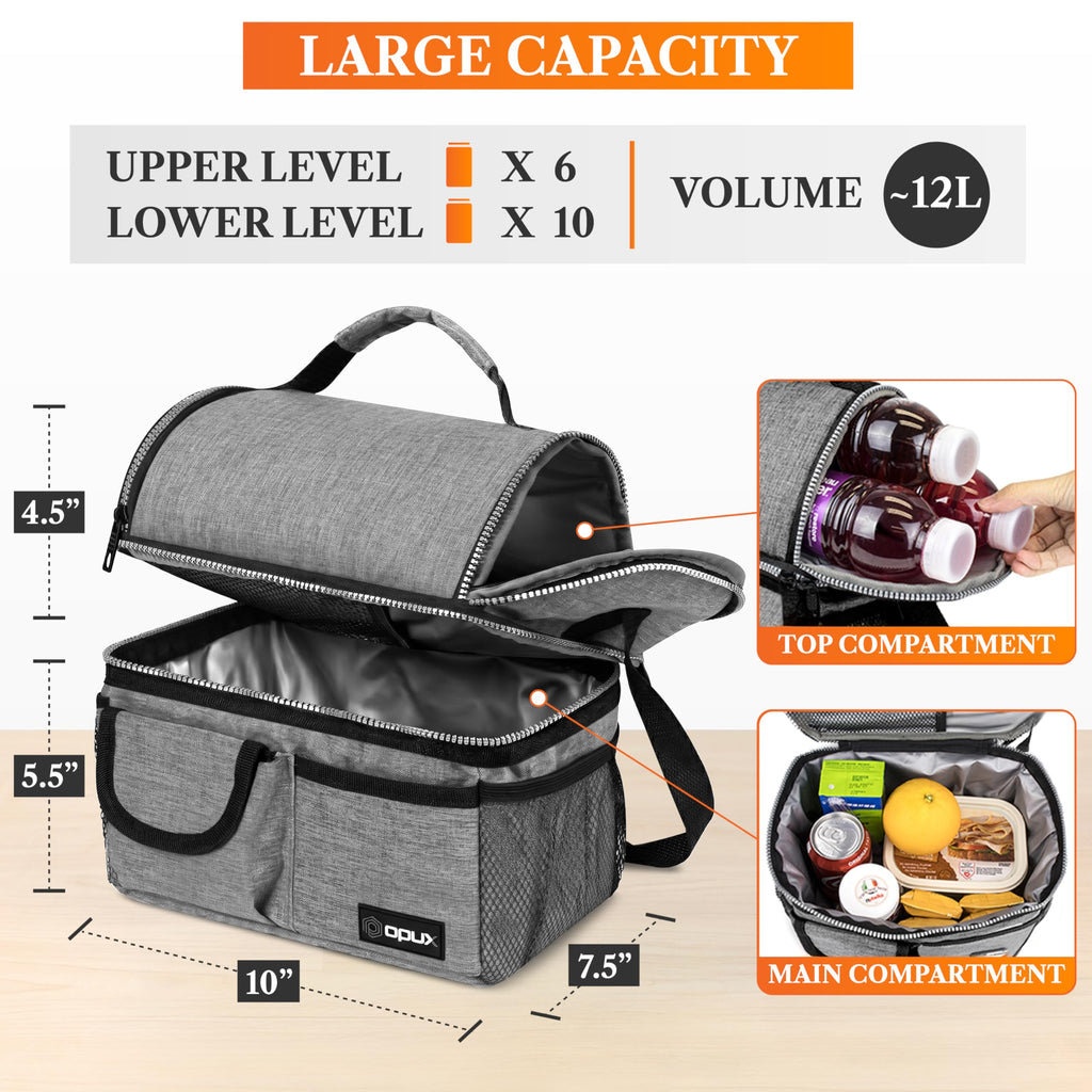 opux Insulated Lunch Bag Women Men, Dual Compartment Leakproof Lunch Box Adults Kids, Double Decker Meal Prep Bento Lunch Cooler Tote with Shoulder Strap for Work Office School Travel, Black