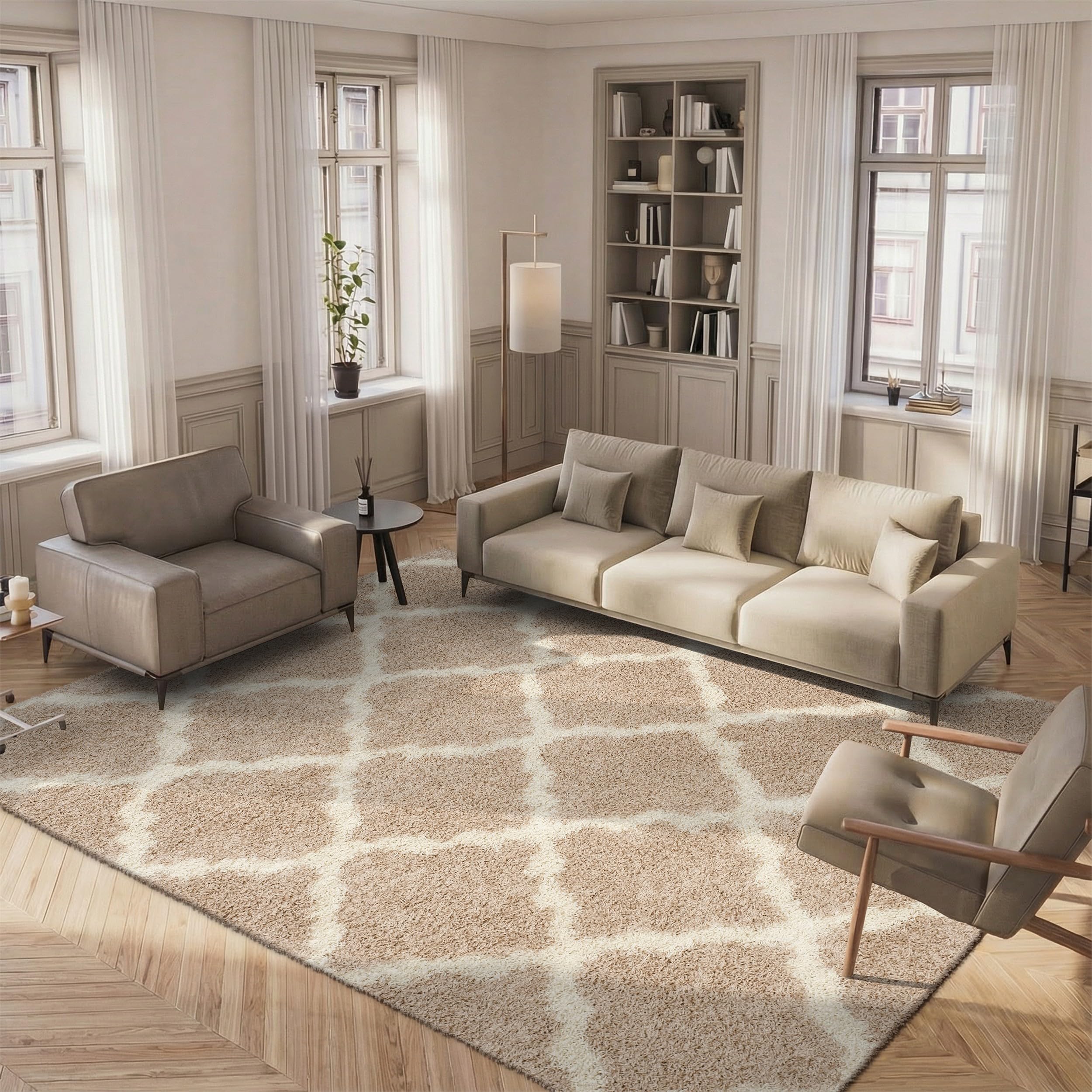 SAFAVIEH Dallas Shag Collection Accent Rug - 2'3" x 4', Beige & Ivory, Trellis Design, Non-Shedding & Easy Care, 1.5-inch Thick Ideal for High Traffic Areas in Entryway, Living Room, Bedroom (SGD257D)