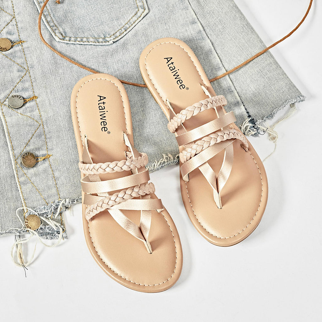 Ataiwee Women's Casual Flat Slide Sandals - Dressy Comfortable Criss Cross Strappy Summer Sandals,Open Toe Multi Strap Beach Flat Thong Sandals.