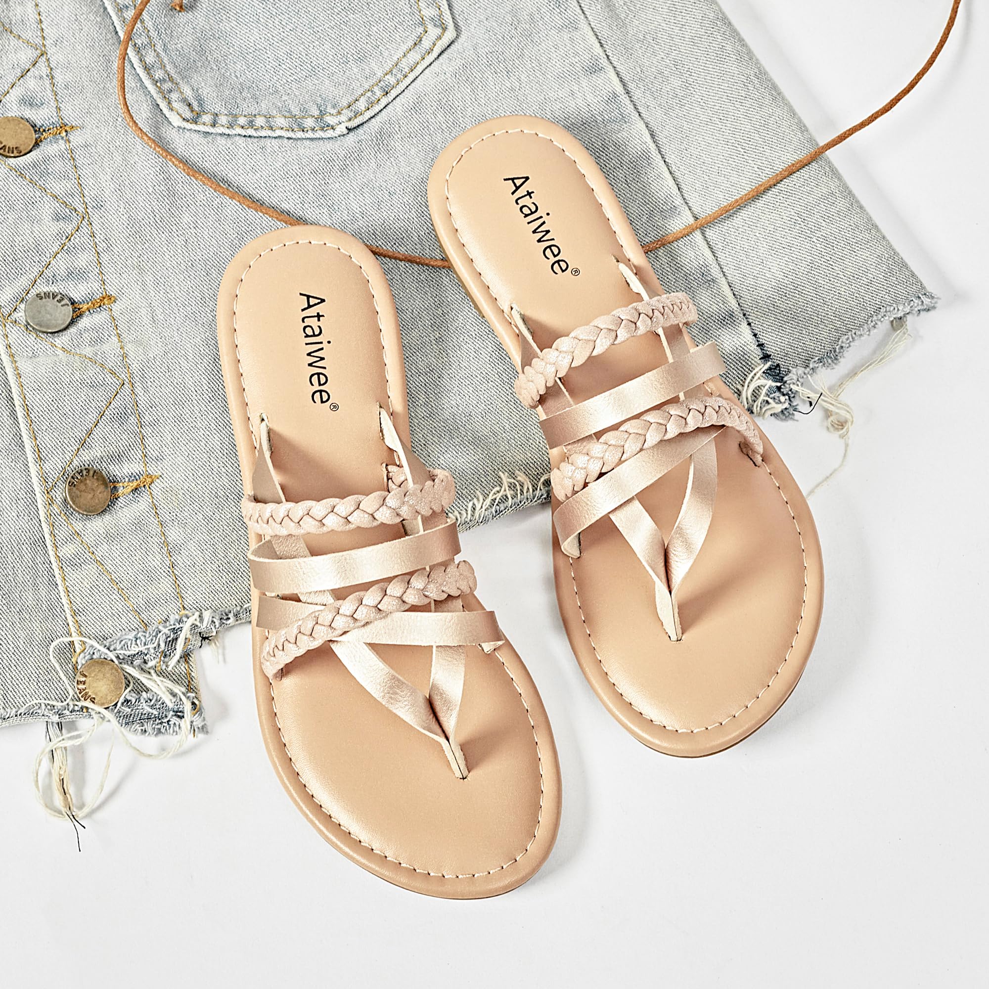 Ataiwee Women's Casual Flat Slide Sandals - Dressy Comfortable Criss Cross Strappy Summer Sandals,Open Toe Multi Strap Beach Flat Thong Sandals.