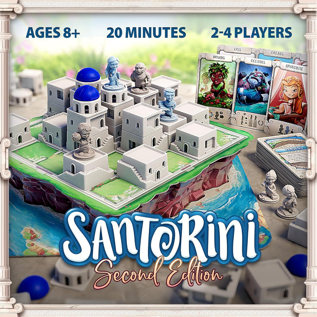 Santorini: Second Edition Board Game – 2–4 Player Greek Strategy Game with 3D Towers & God Powers