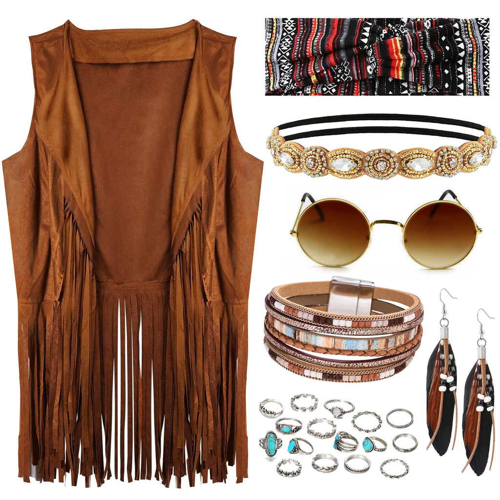 FEYIR 60s 70s Outfit for Women Hippy Accessories Fringe Hippie Vest Clothes for Halloween Disco Party Hippie Costume Set