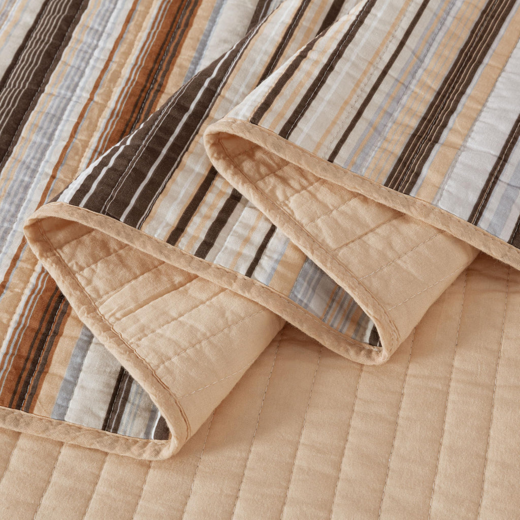 Chezmoi Collection Avery Striped Cotton Quilt Set Twin Size, 2-Piece Soft Pre-Washed 100% Cotton Quilt, Multi-Color Brown