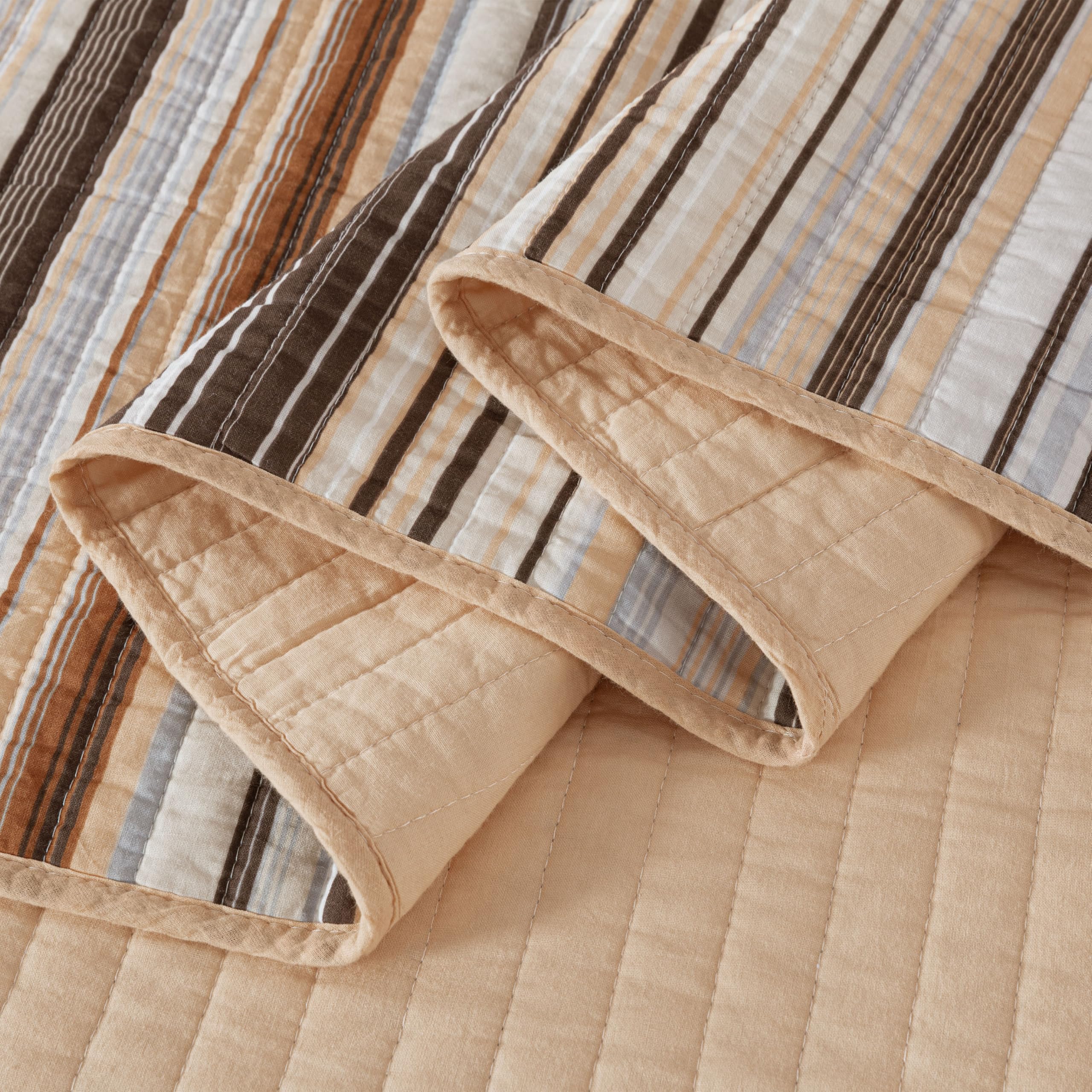Chezmoi Collection Avery Striped Cotton Quilt Set Twin Size, 2-Piece Soft Pre-Washed 100% Cotton Quilt, Multi-Color Brown
