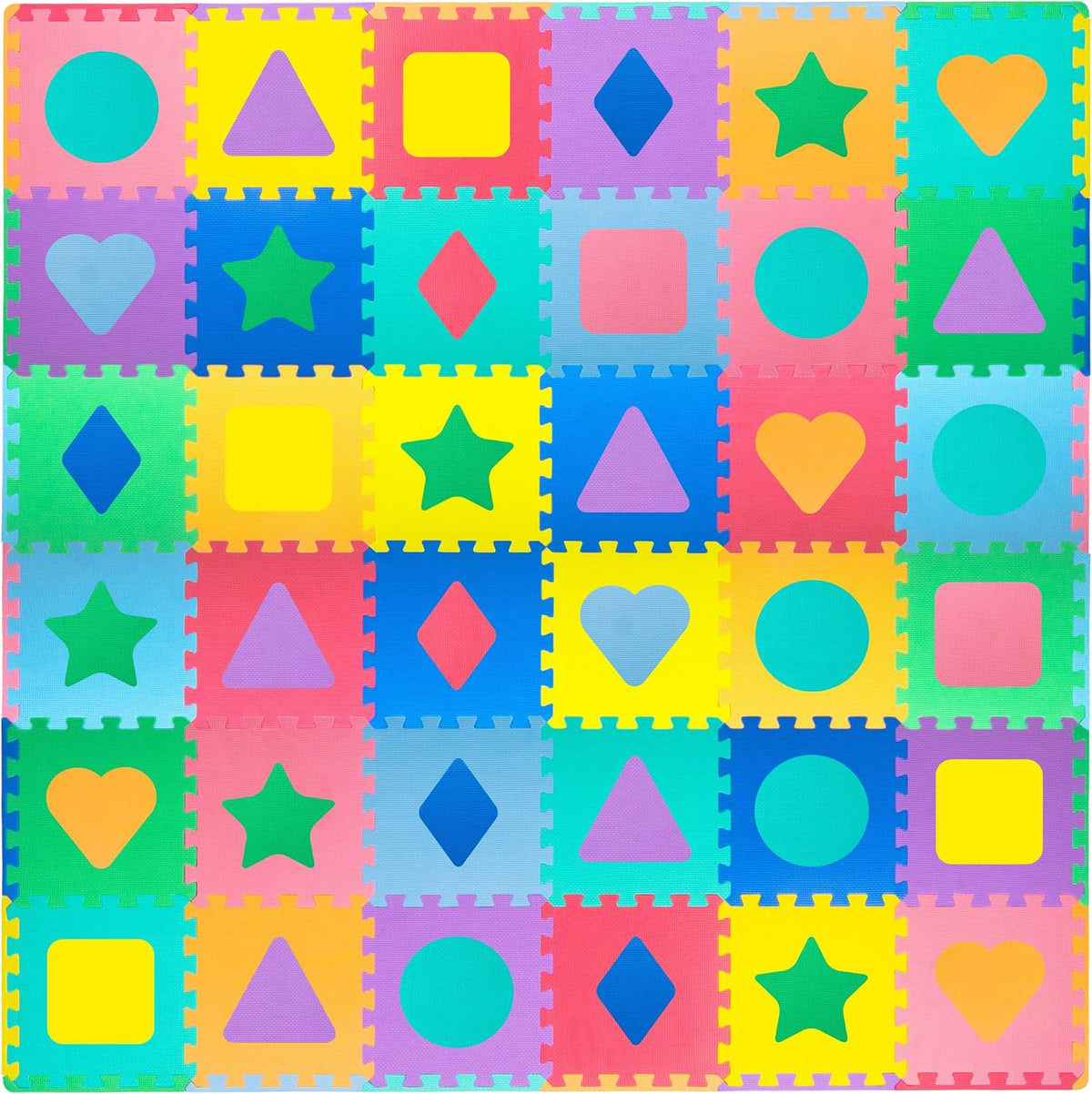 ProSource Kids Foam Puzzle Floor Play Mat with Shapes & Colors 36 Tiles, 12"x12" and 24 Borders