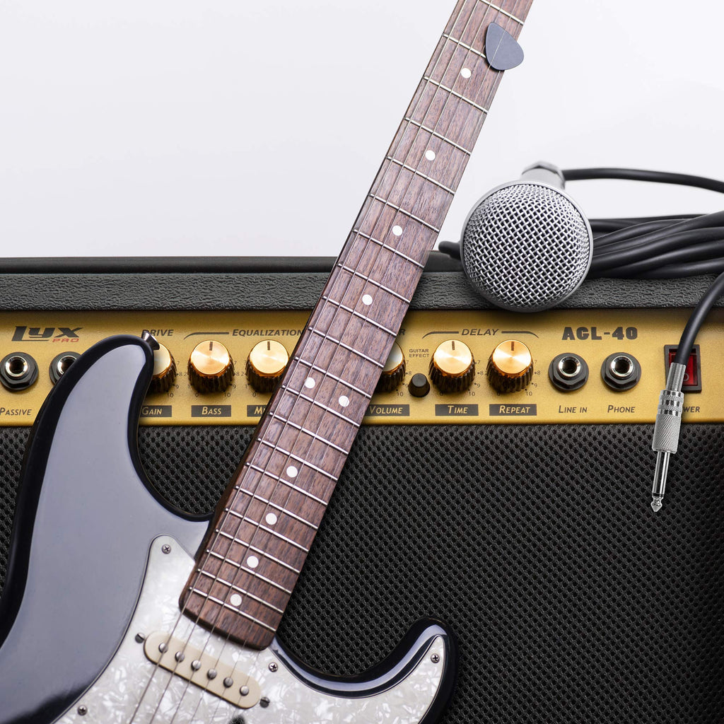 LyxPro Electric Guitar Amp 20 Watt Amplifier Built in Speaker Headphone Jack and Aux Input Includes Gain Bass Treble Volume and Grind - Black