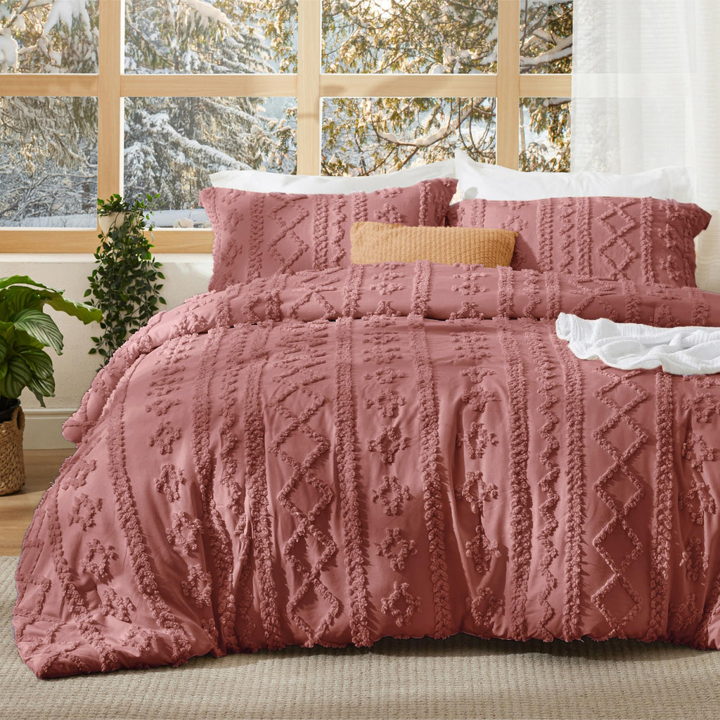 Bedsure Tufted Boho Comforter Set Twin Size - Beige Boho Bed Set, GentleSoft™ 2 Pieces Farmhouse-Style Embroidery Bedding, Gifts for Woman, Soft Jacquard Kids' Twin Comforter for All Seasons