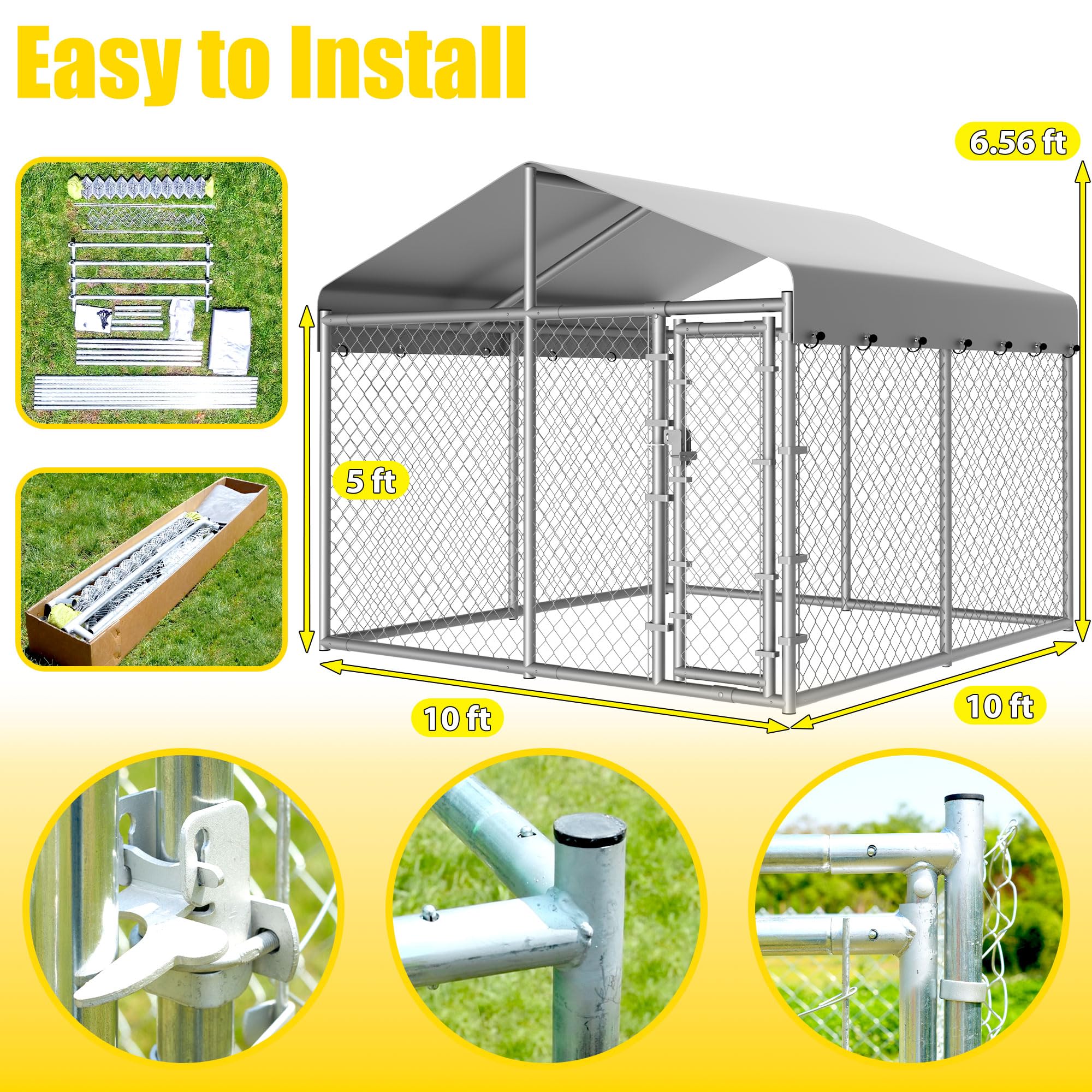 Dog Kennel Outside with Roof, Large Dog Run Enclosure, Outdoor Heavy Duty Pens House Pet Playpen with Galvanized Chain Link Waterproof Cover and Secure Lock(6.76'Lx6.76'Wx5.64'H)