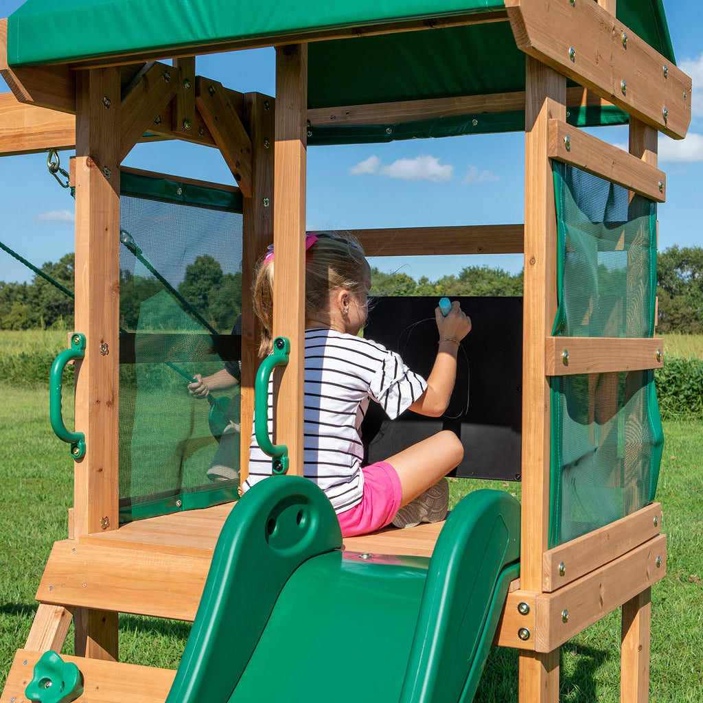Backyard Discovery Bay Pointe Cedar Wood Swing Set with Wave Slide, Play Deck, Rock Wall Ladder, Belt Swings, Chalkboard, Canopy Roof, Outdoor Playset