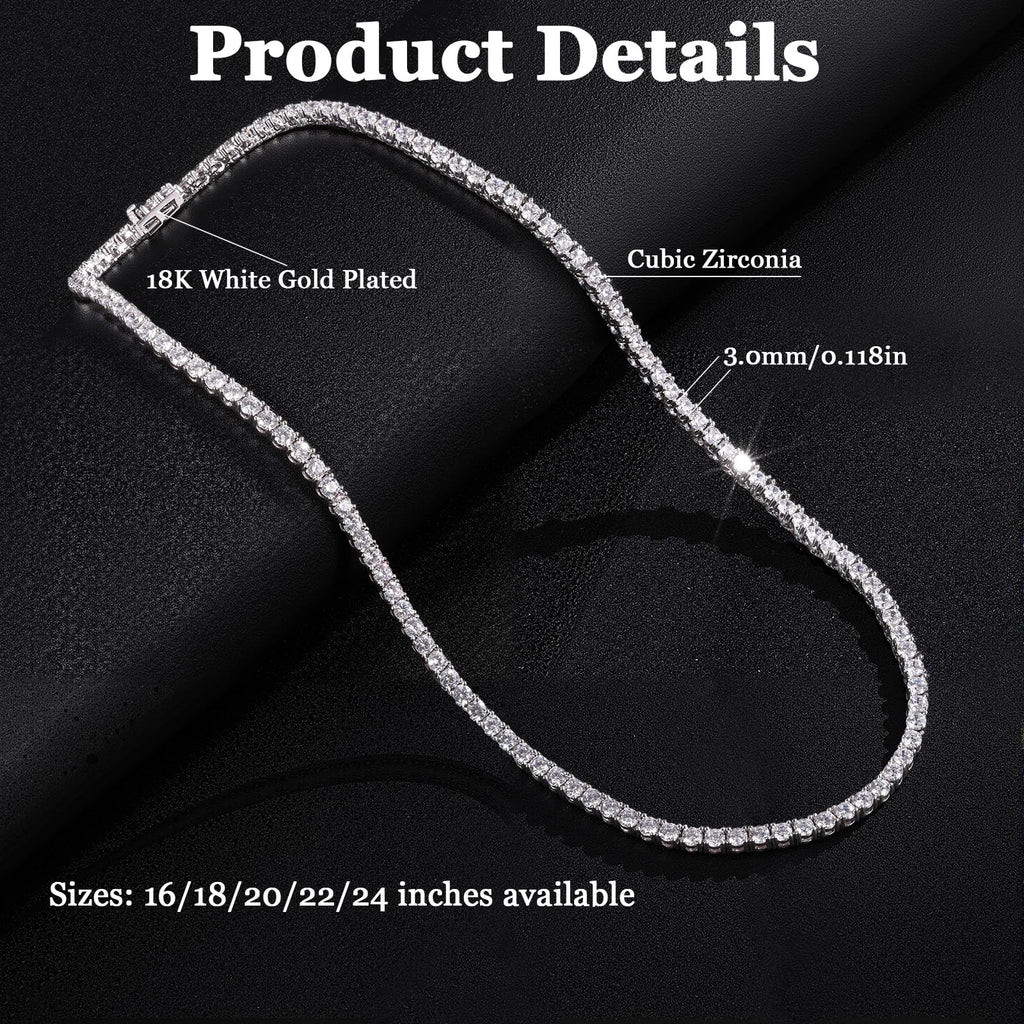 Gemsme 18K White/Yellow Gold Plated 3.0mm Round Cubic Zirconia Classic Tennis Necklace For Women 16-24 Inches