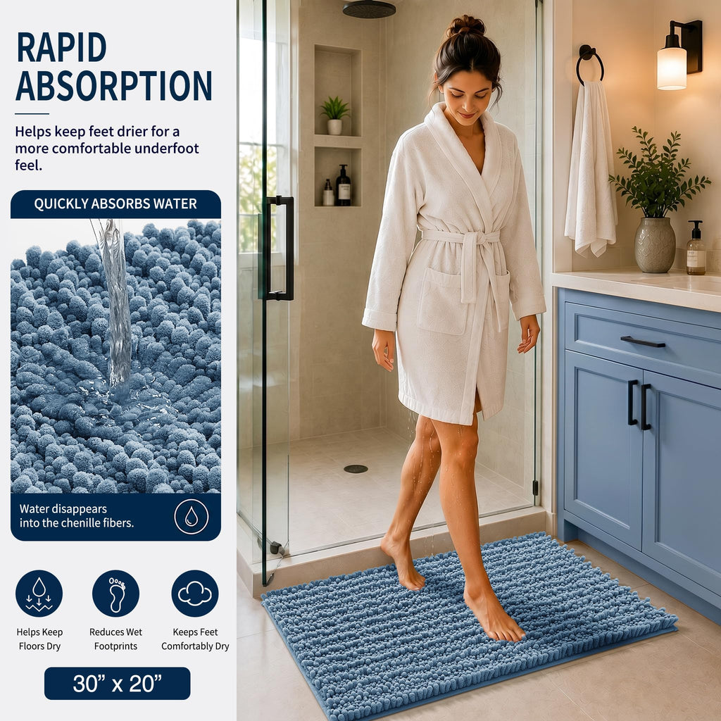 Yimobra Black Bathroom Rug Set 3 Piece - Super Absorbent Quick Dry Chenille Bath Mats & Toilet Rug, Non Slip Machine Washable, Extra Thick Shaggy Floor Mat for Shower Tub Sink