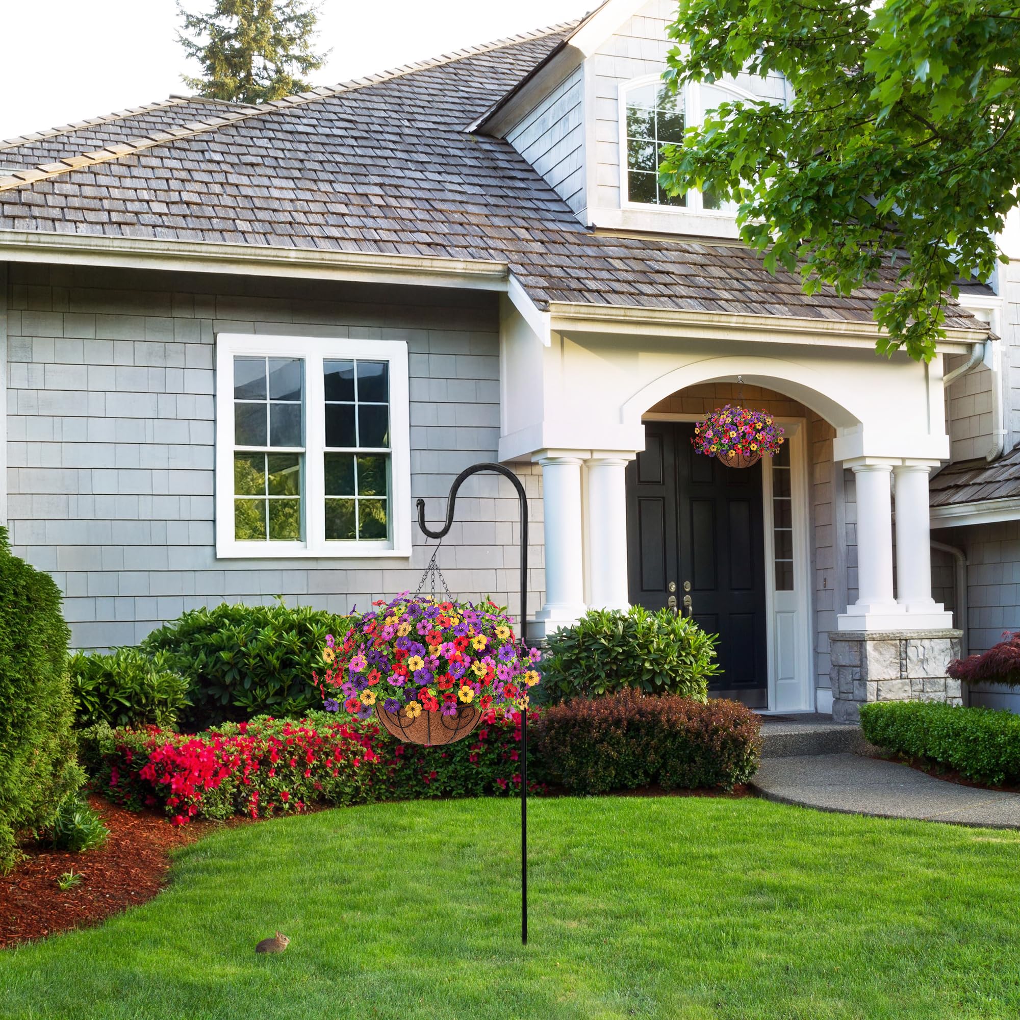Ammyoo Artificial Faux Hanging Plants Flowers Basket for Spring Outdoor Decoration, Fake Silk Daisy UV Resistant Look Real with Eucalyptus Leaves Summer Outside Decor for Home Patio Garden