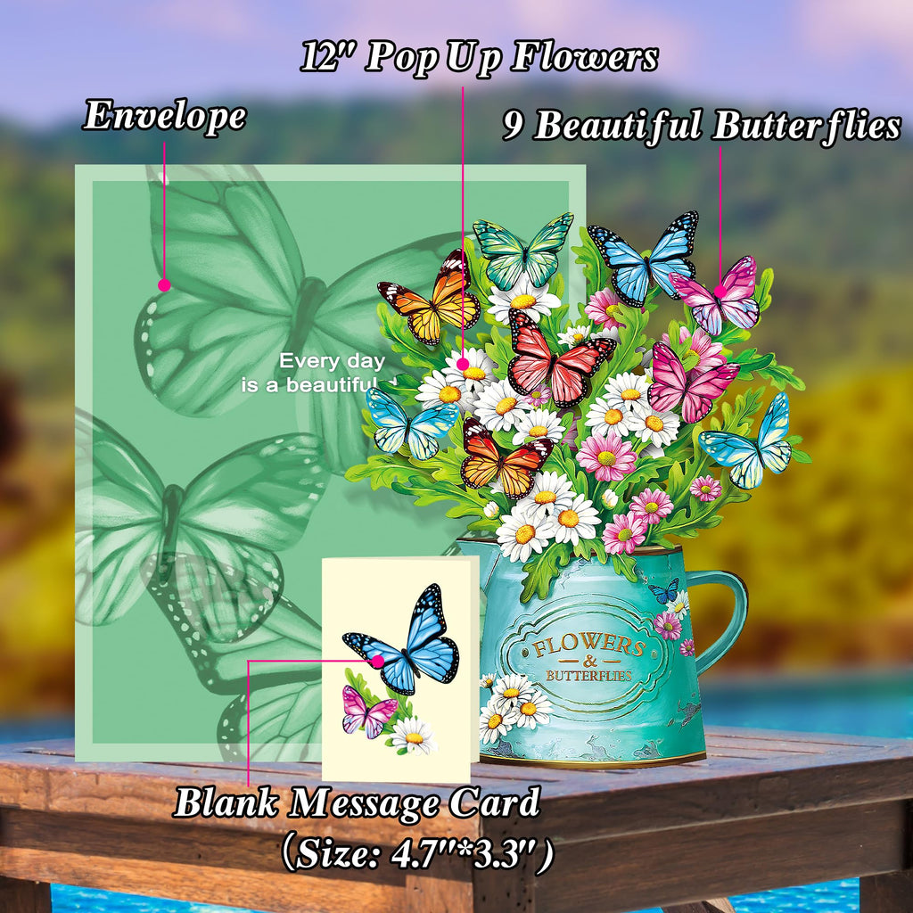 Airpark 3D Pop Up Paper Flowers Bouquet Card 12’‘ with Note & Envelope, Birthday Gifts, Get Well, Thank You, Greeting Cards for Women Mom Wife Friends, Daisies and Butterflies