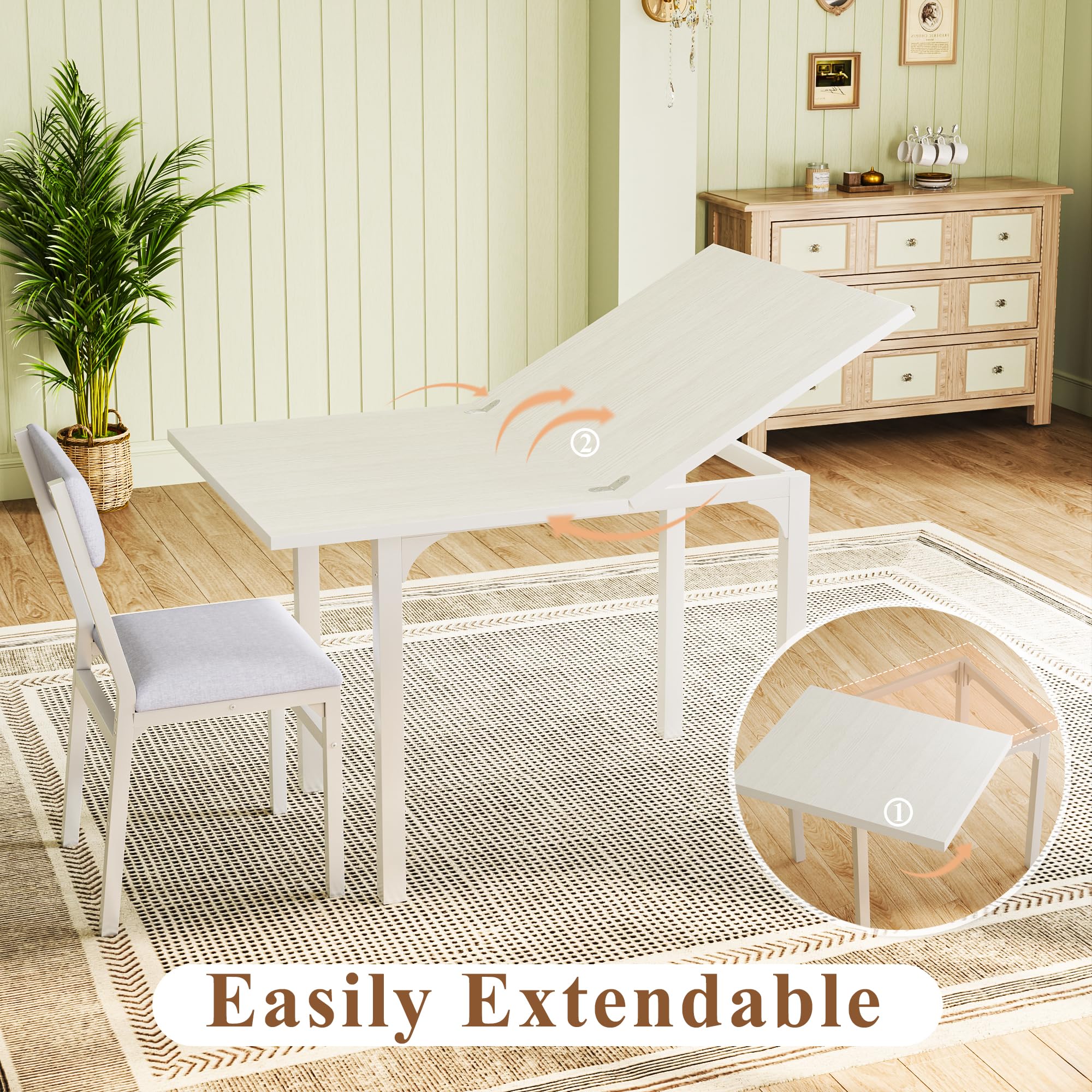 HUAHUU Dining Table Set for 4, Extendable Kitchen Table Cushion Chairs Set of 4, Rectangle Dining Table with Metal Frame & MDF Board, Folding for Small Apartment Saving Space, Black