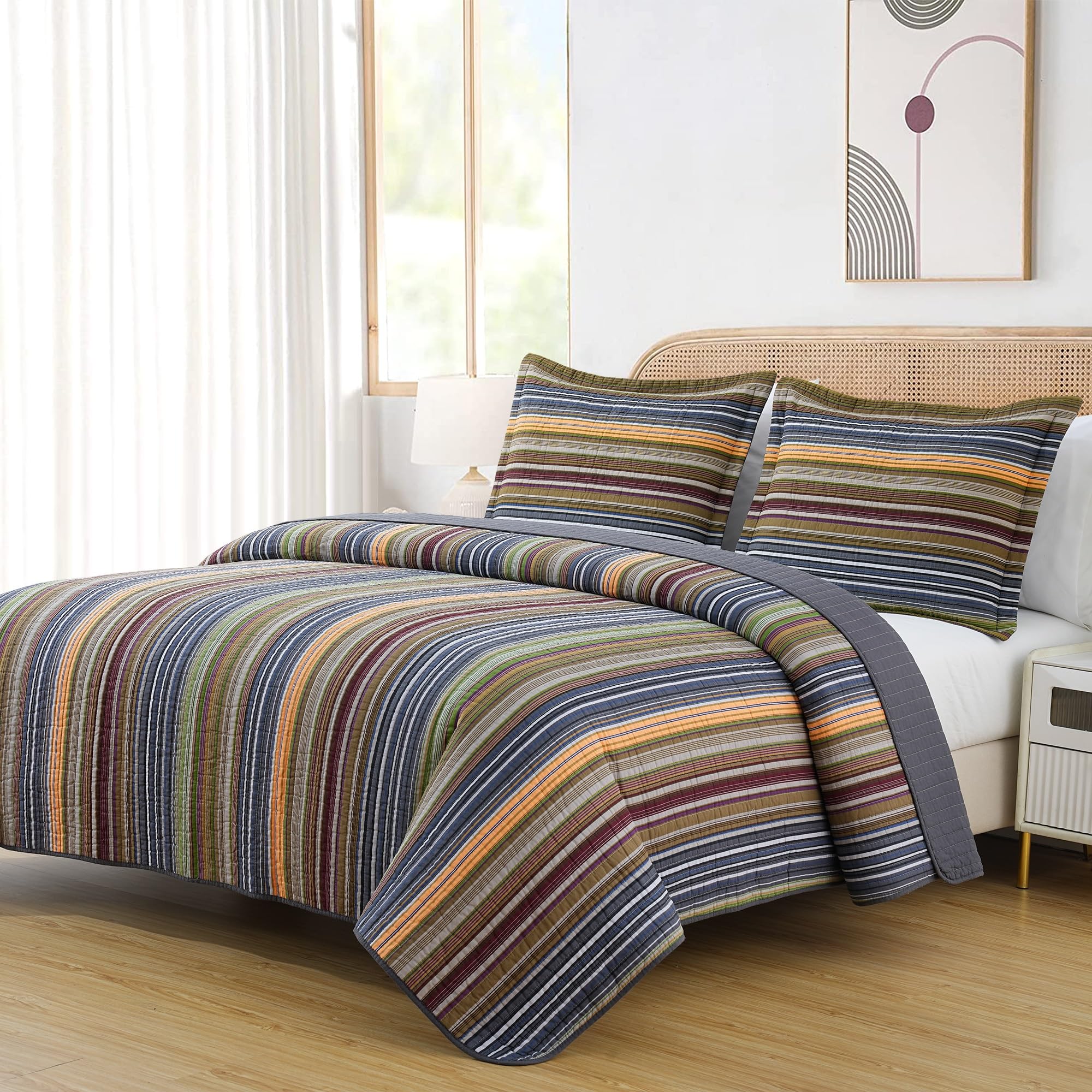Chezmoi Collection Avery Striped Cotton Quilt Set Twin Size, 2-Piece Soft Pre-Washed 100% Cotton Quilt, Multi-Color Brown