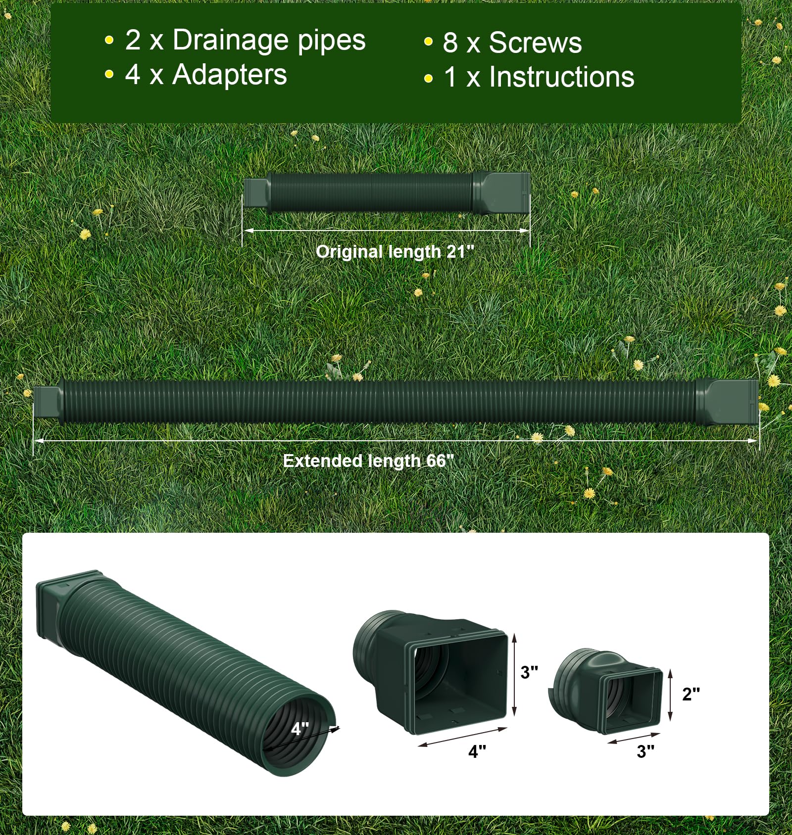 Ogutter Rain Gutter Downspout Extensions, Downspout Extender for Rainwater Drainage Flexible, Down Spout Drain Extension Pipe and Extendable from 21 to 66 Inches (Black)