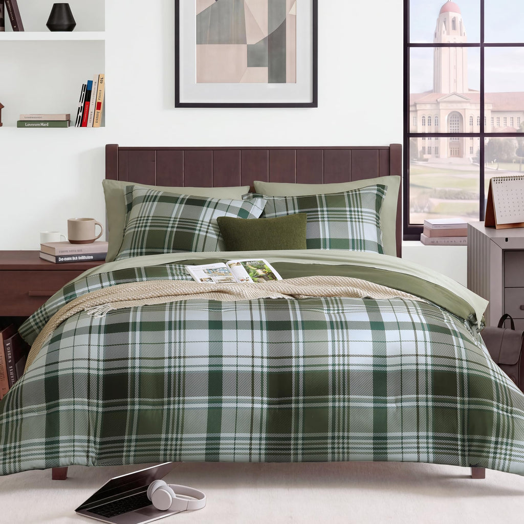 MaiRêve Queen Comforter Set, Classic Plaid Farmhouse Bedding Sets 7 Pieces, Beige All Season Bed in A Bag with Sheets, Pillowcases & Shams
