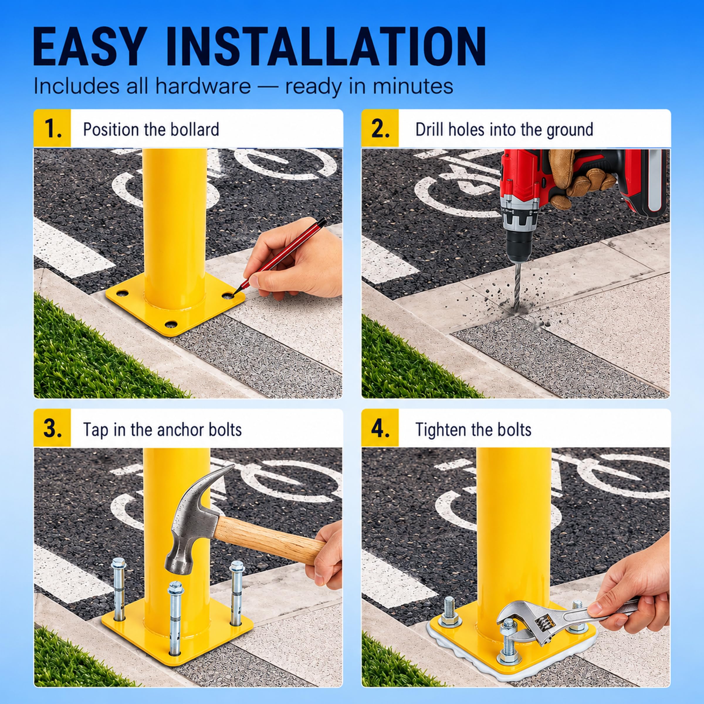 Crowd Control Warehouse Trafford Industrial Steel Bollards 24” Height, Safety Steel Post, Yellow Powder-Coated Finish Heavy Duty Fillable with Concrete, for Driveway Barrier, Parking Pole & Traffic