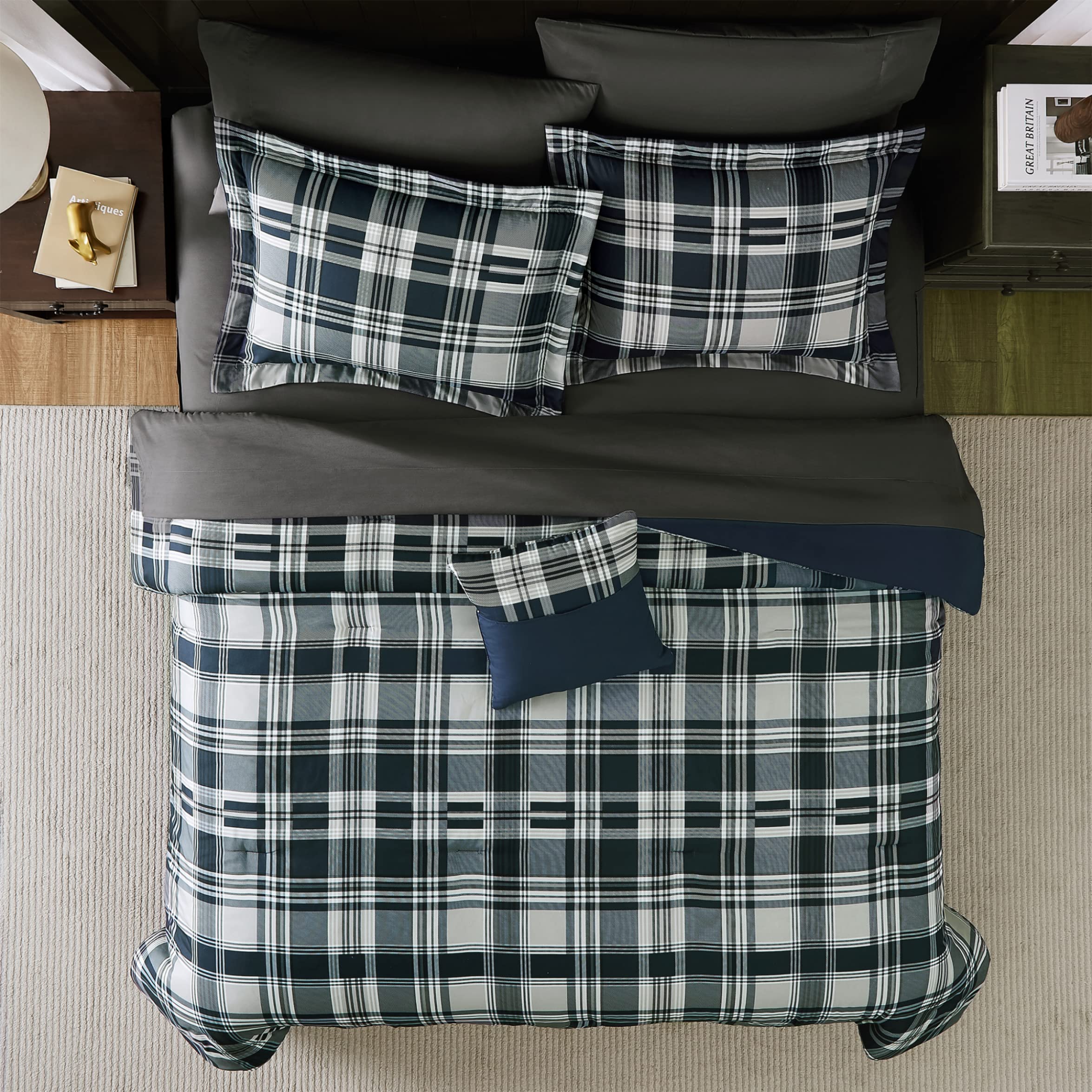 MaiRêve Queen Comforter Set, Classic Plaid Farmhouse Bedding Sets 7 Pieces, Beige All Season Bed in A Bag with Sheets, Pillowcases & Shams