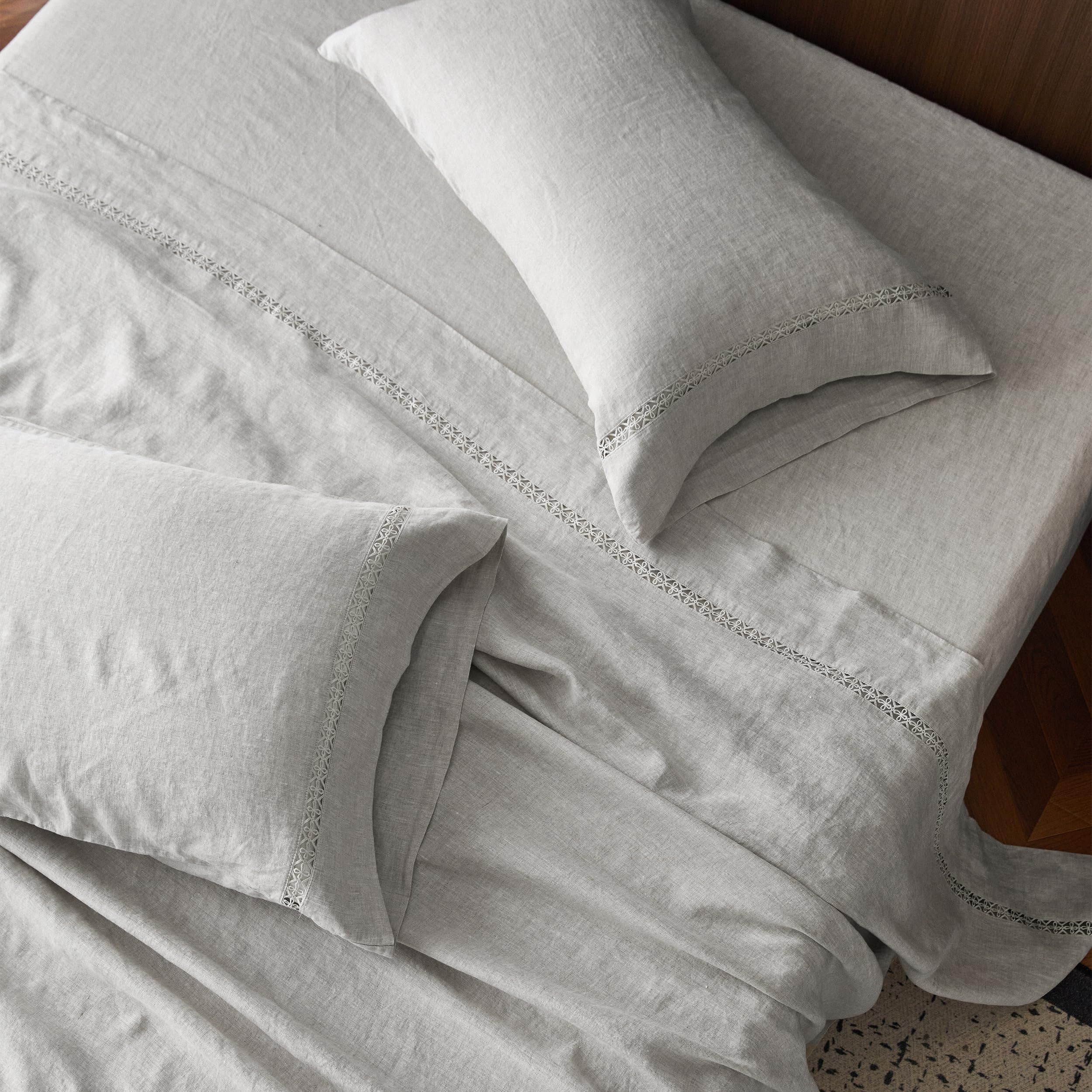 Simple&Opulence 100% Pure Linen Sheet Set Twin Size, Natural French Flax Solid Color 3 Pcs Washed Breathable, Farmhouse Bedding (1 Flat Sheet,1 Fitted Sheet,1 Pillowcase)-Embroidery Dark Grey