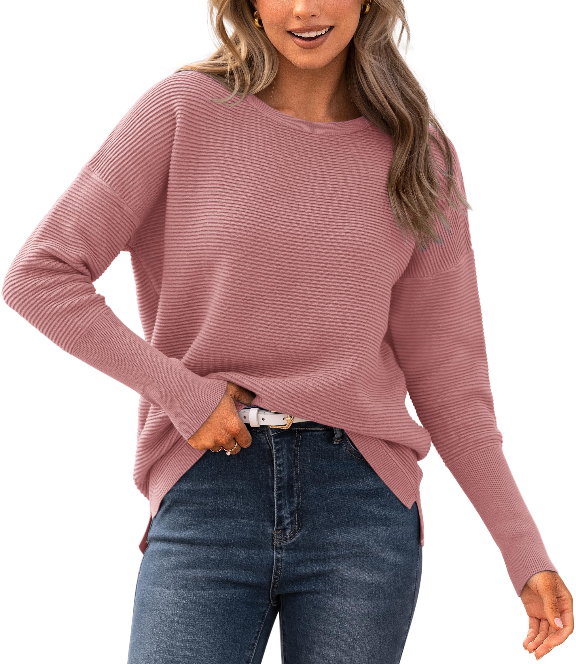 BTFBM Fall Sweaters for Women 2026 Casual Long Sleeve Sweater Striped Loose Fit Pullover Tops