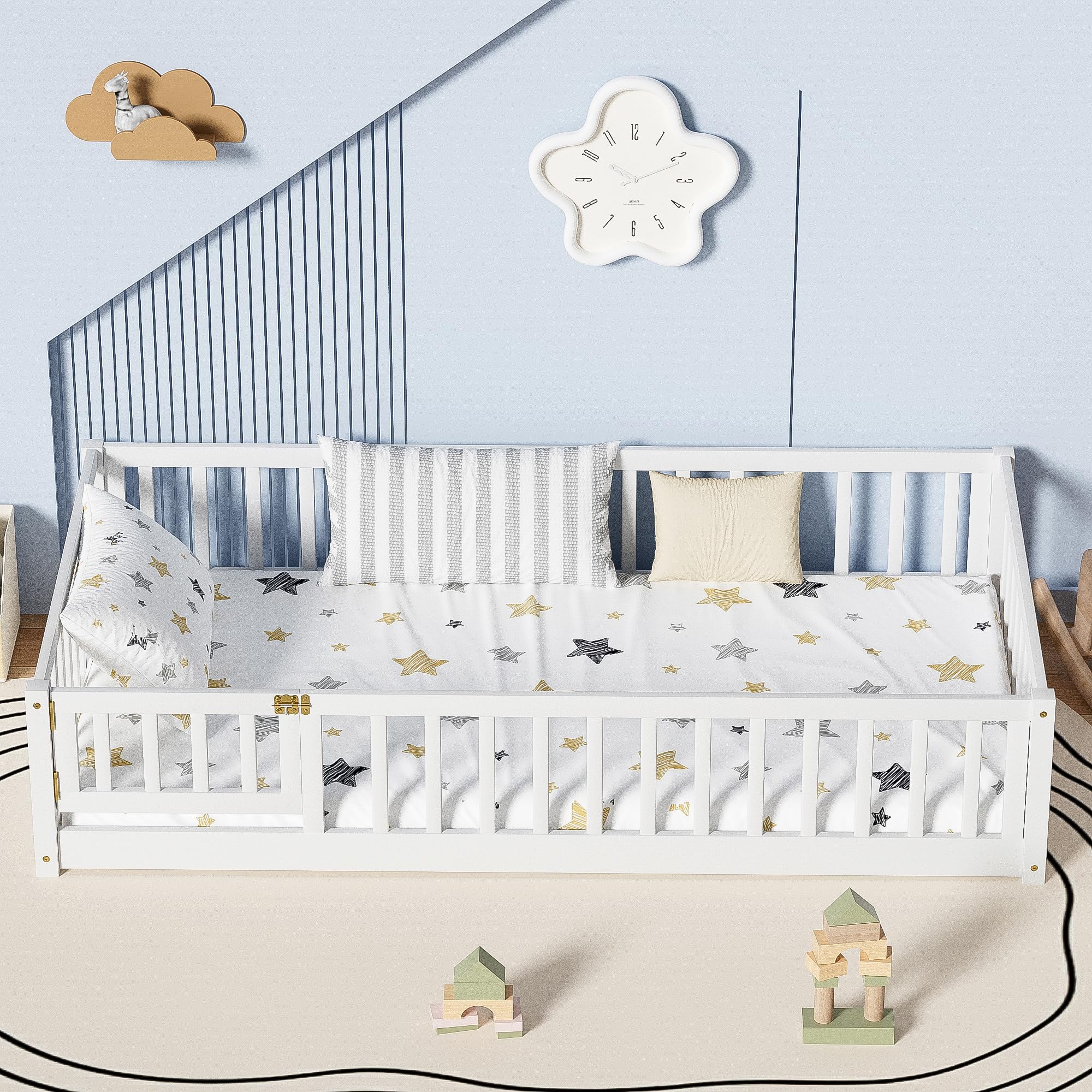 i-POOK Queen Floor Bed for Children, Sturdy Wood Montessori Bed Frame with Wood Slats, High Fence & Small Door for Girls and Boys, Espresso (with Bed Slats)