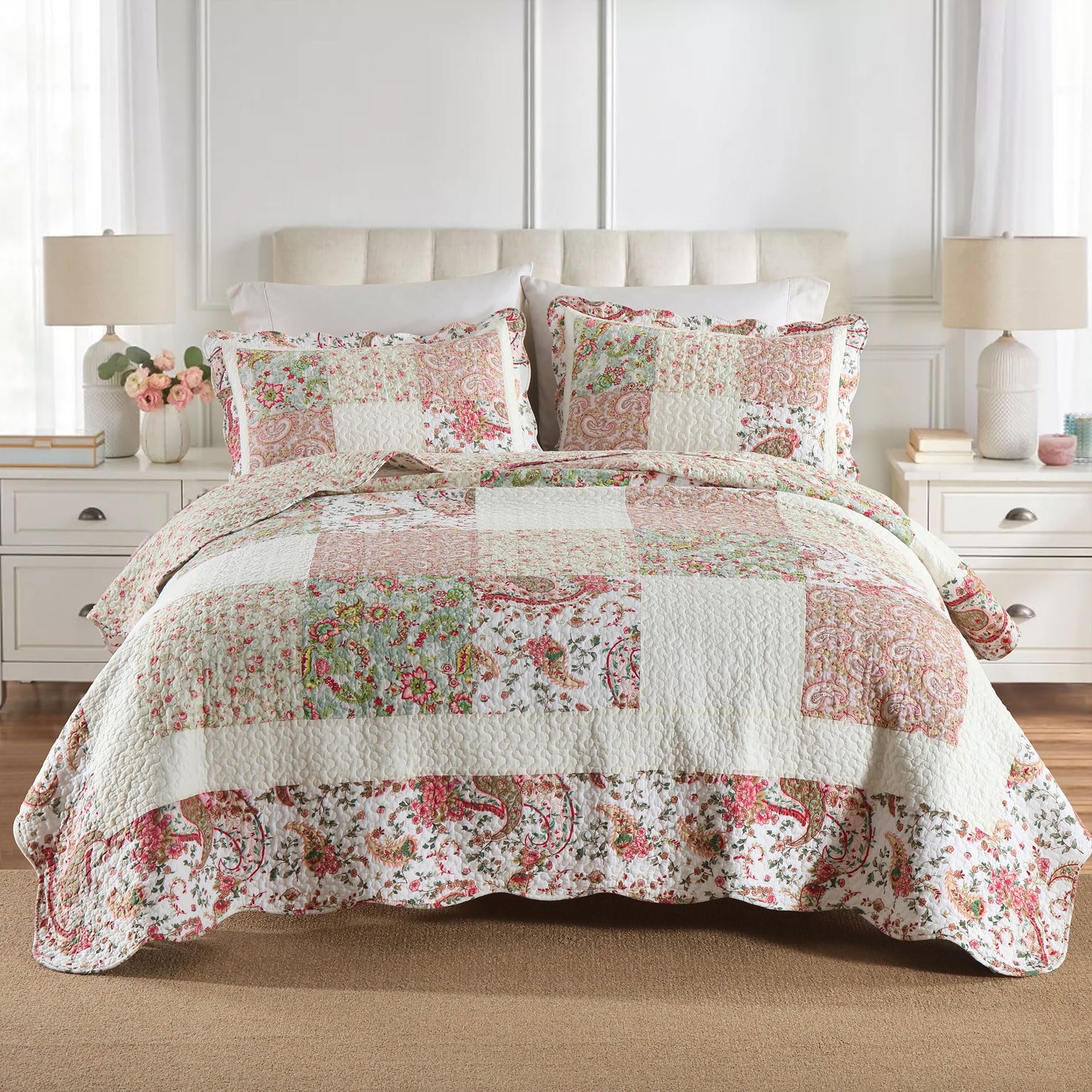 Secgo Twin Comforter Set for Bed - 100% Cotton Quilts Twin Size, Black Bedspreads with 2 Pillow Shams, Patchwork Reversible Lightweight Bedding
