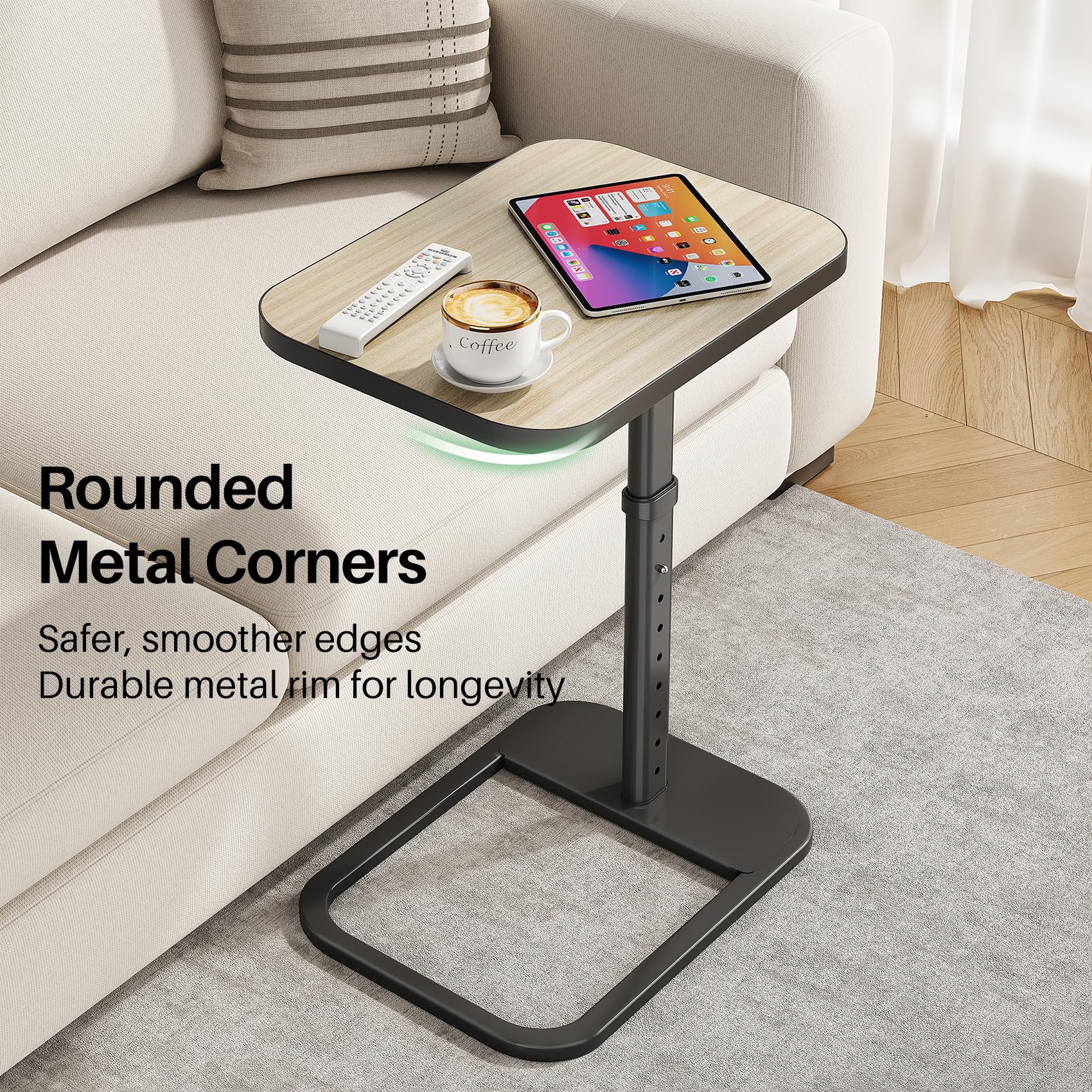 Kitstorack TV Tray Table, Adjustable Height & Rounded Metal Corners, Snack Table for Couch, Sofa, Bed, Chair, Living Room, C Shaped End Side Table for Eating, Dinner or Laptop, Small Spaces, Black