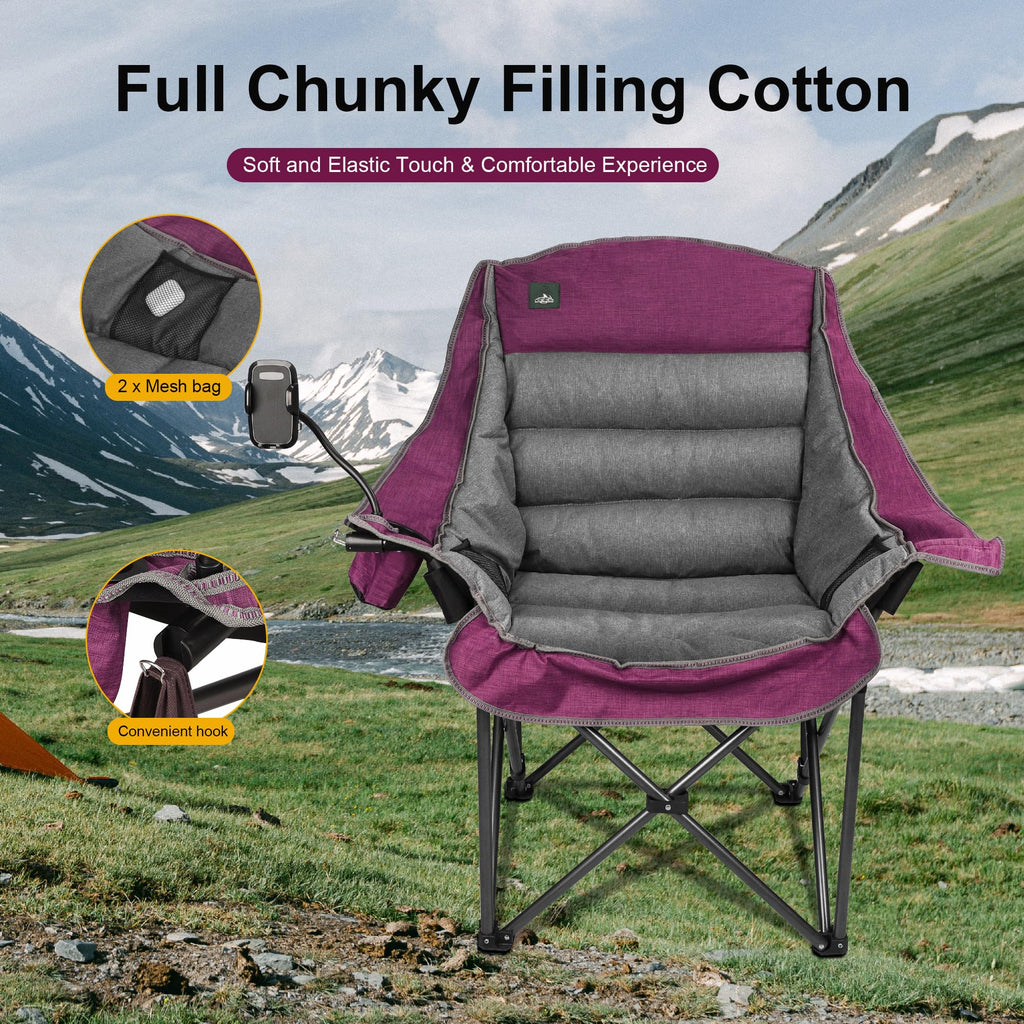 Northroad Oversized XL Padded Camping Chair w/Cell Phone Holder, Large Camp Chair, Foldable Lawn Chair w/Cup Holder,Carry Bag for Outdoor Hiking, Picnics, Heavy-Duty 400-lbs Capacity, Moca