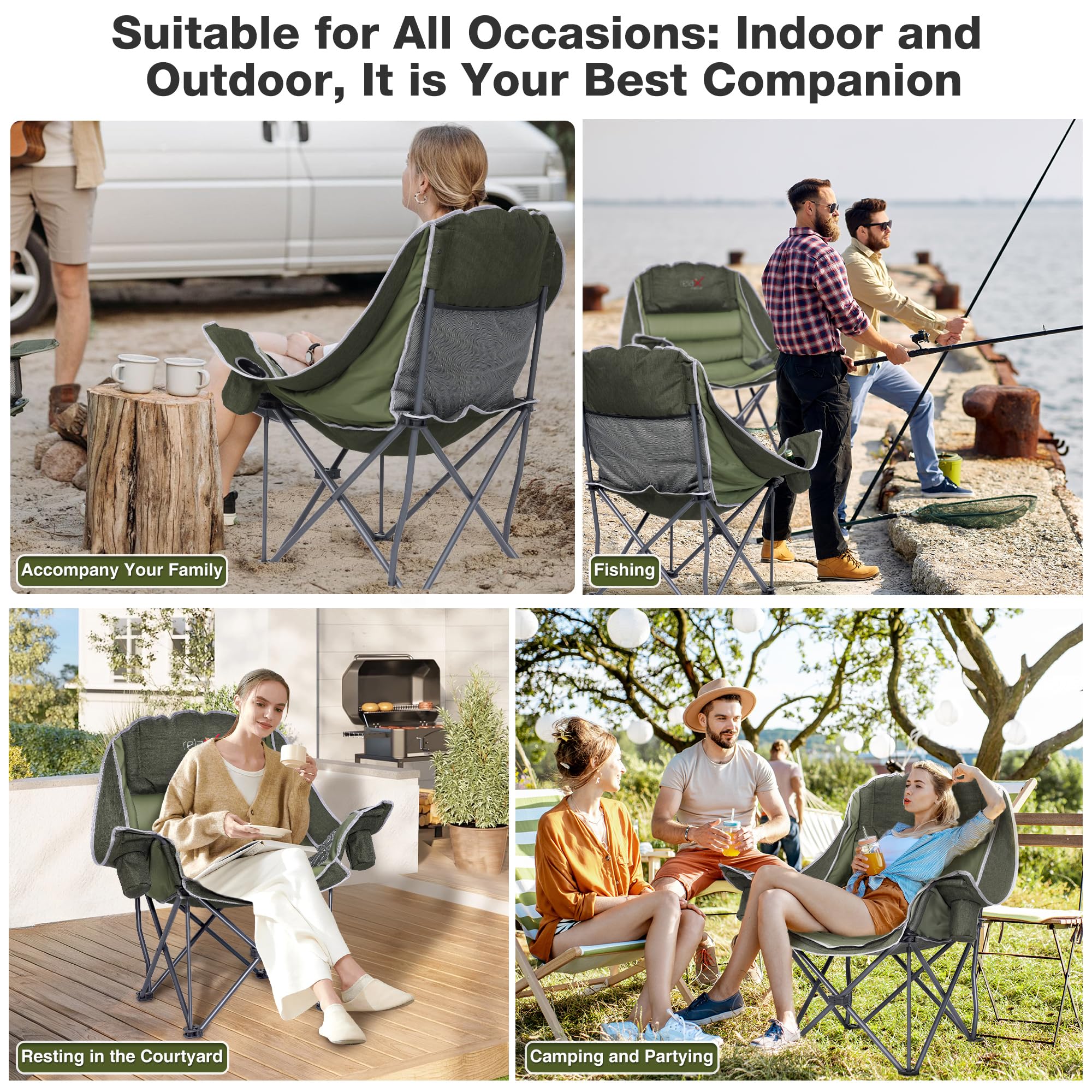 Double Camping Chair Heavy Duty Oversized Padded Loveseat for Adults 2 Person Outdoor Portable Camping Chairs for Lawn, Backyard, Fishing, Trip, Support 600lbs, Grey