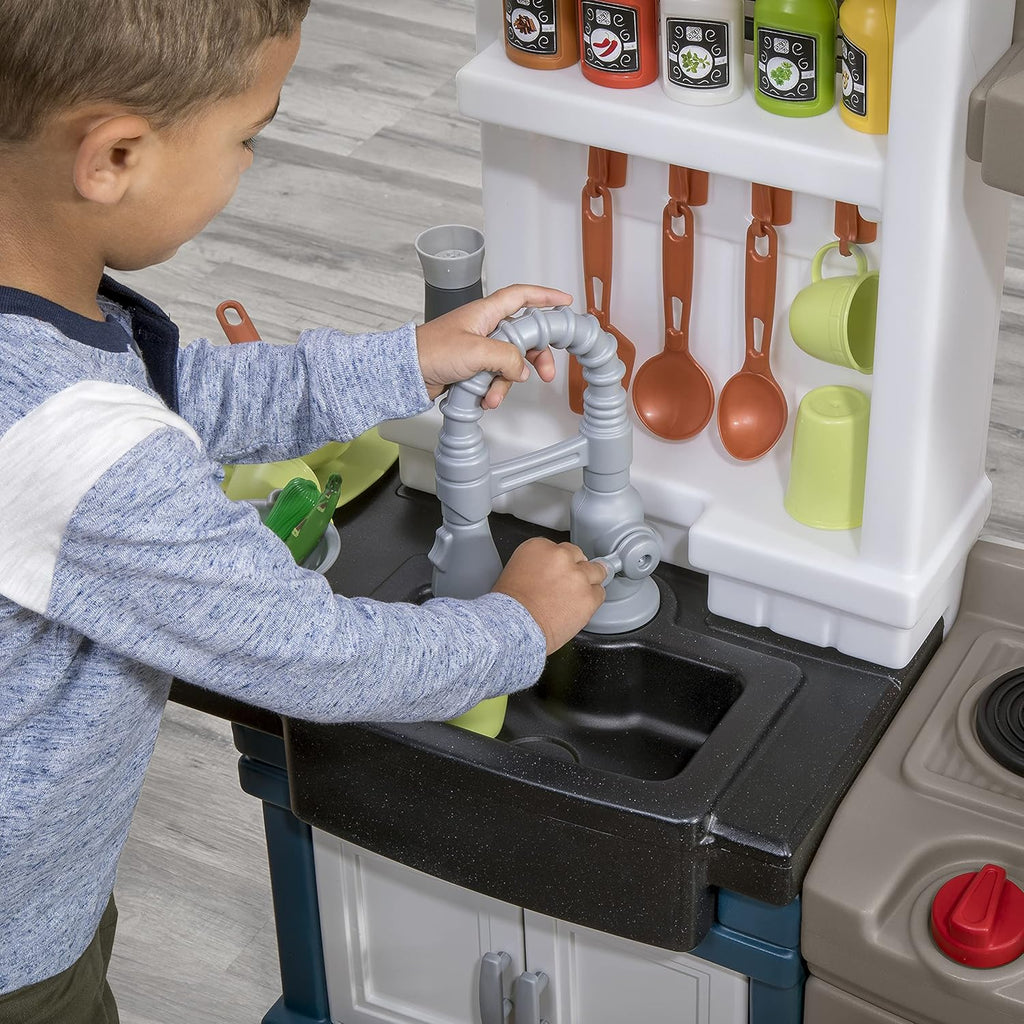 Step2 Modern Metro Kitchen Set for Kids – Includes 30+ Toy Kitchen Accessories, Interactive Features for Pretend Play – Indoor/Outdoor Toddler Playset – Dimensions 44.75" H x 46.5" W x 13.5" D