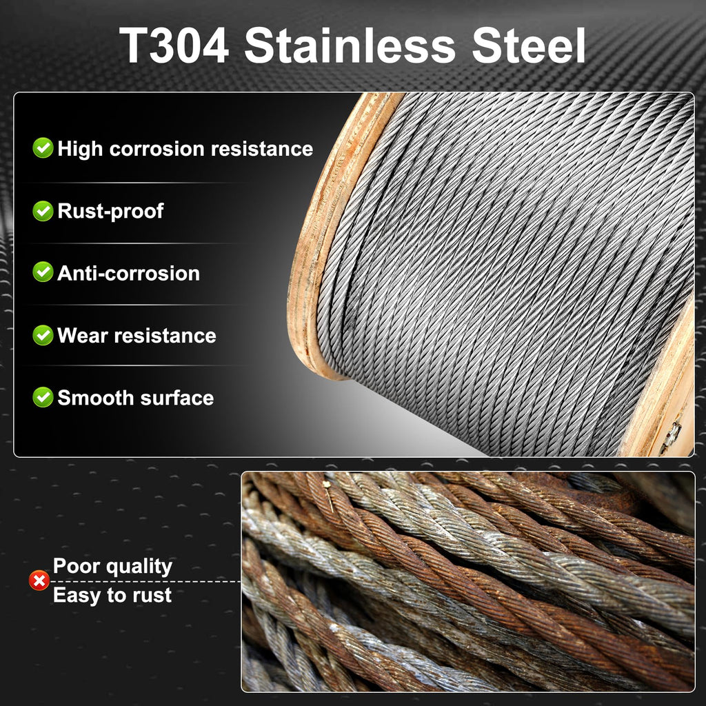 Thickened 3/16" 25ft Stainless Steel Cable with Wire Rope Clip, Thimble and Aluminum Crimping Loop Sleeve, 7X19 Strands Aircraft Cable, 3700lbs Breaking Strength for Deck Railing, String Lights