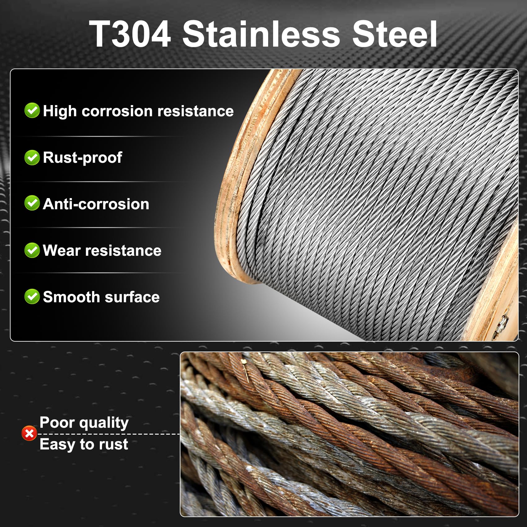 Thickened 3/16" 25ft Stainless Steel Cable with Wire Rope Clip, Thimble and Aluminum Crimping Loop Sleeve, 7X19 Strands Aircraft Cable, 3700lbs Breaking Strength for Deck Railing, String Lights