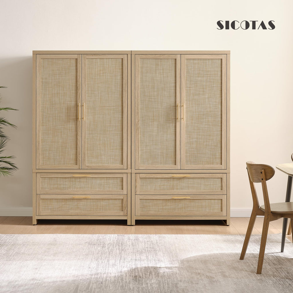 SICOTAS Rattan Armoire Wardrobe Closet Cabinet, 71" Wardrobe Storage Cabinet with Doors, 2 Drawers and Hanging Rod, Boho Large-Capacity Deep Armoire Clothes Organizer for Bedroom, Black Oak