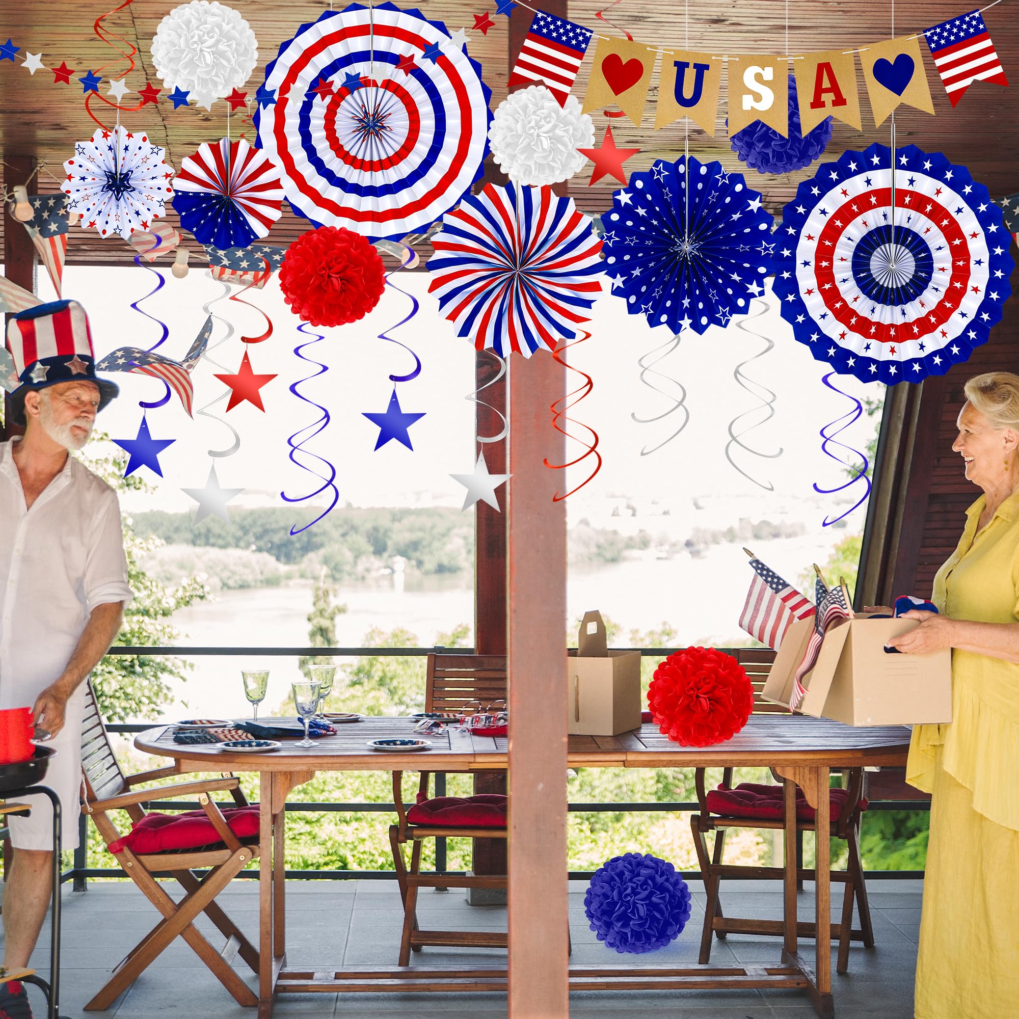 26 PCS 4th of July Decorations, 250th Memorial Day Red White Blue Paper Fans Decorations, 4th of July Banner Pompom Garland and Hanging Swirls Set for Fourth of July Independence Day Decor