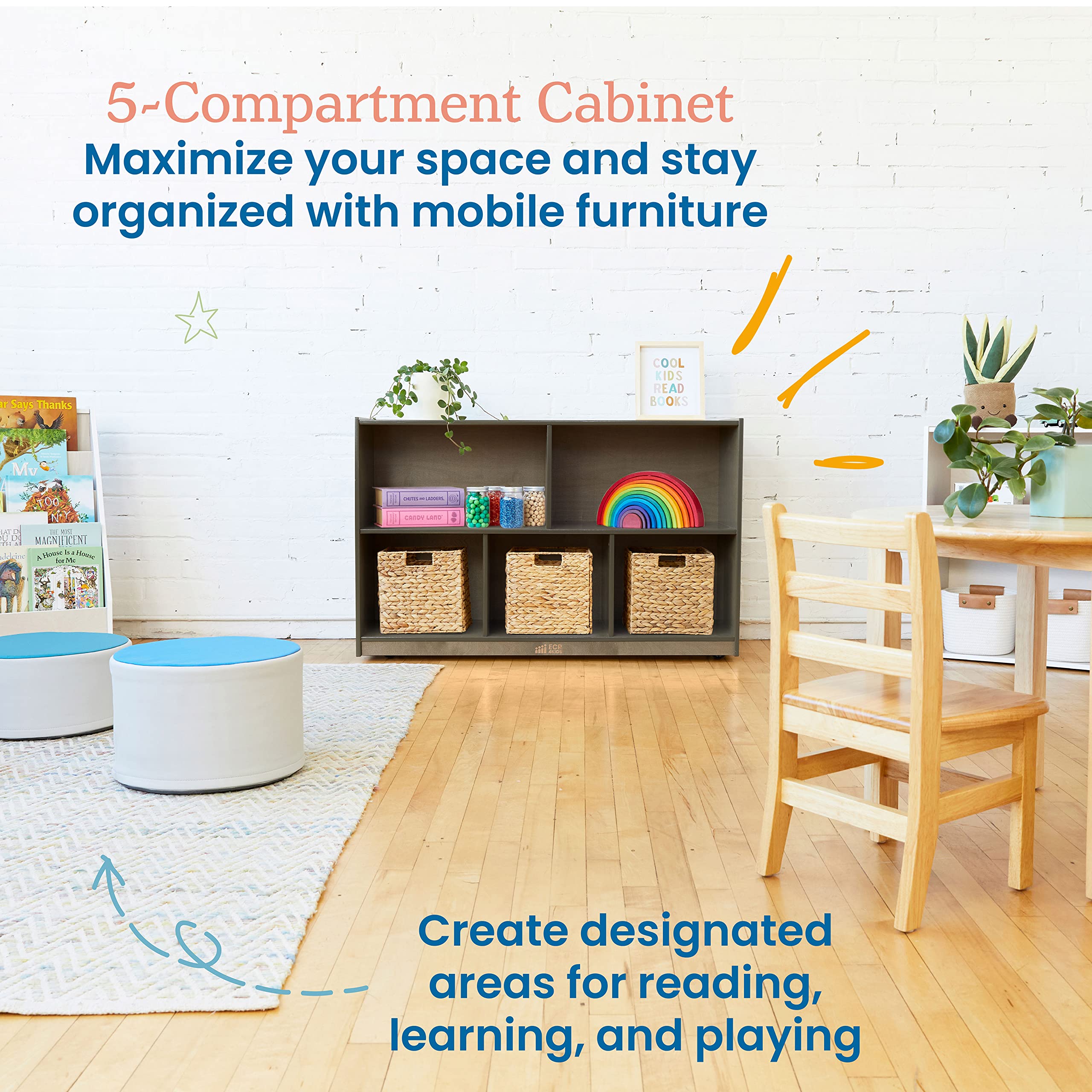 ECR4Kids 5-Compartment Mobile Storage Cabinet, Preschool, Classroom Furniture, Grey Wash
