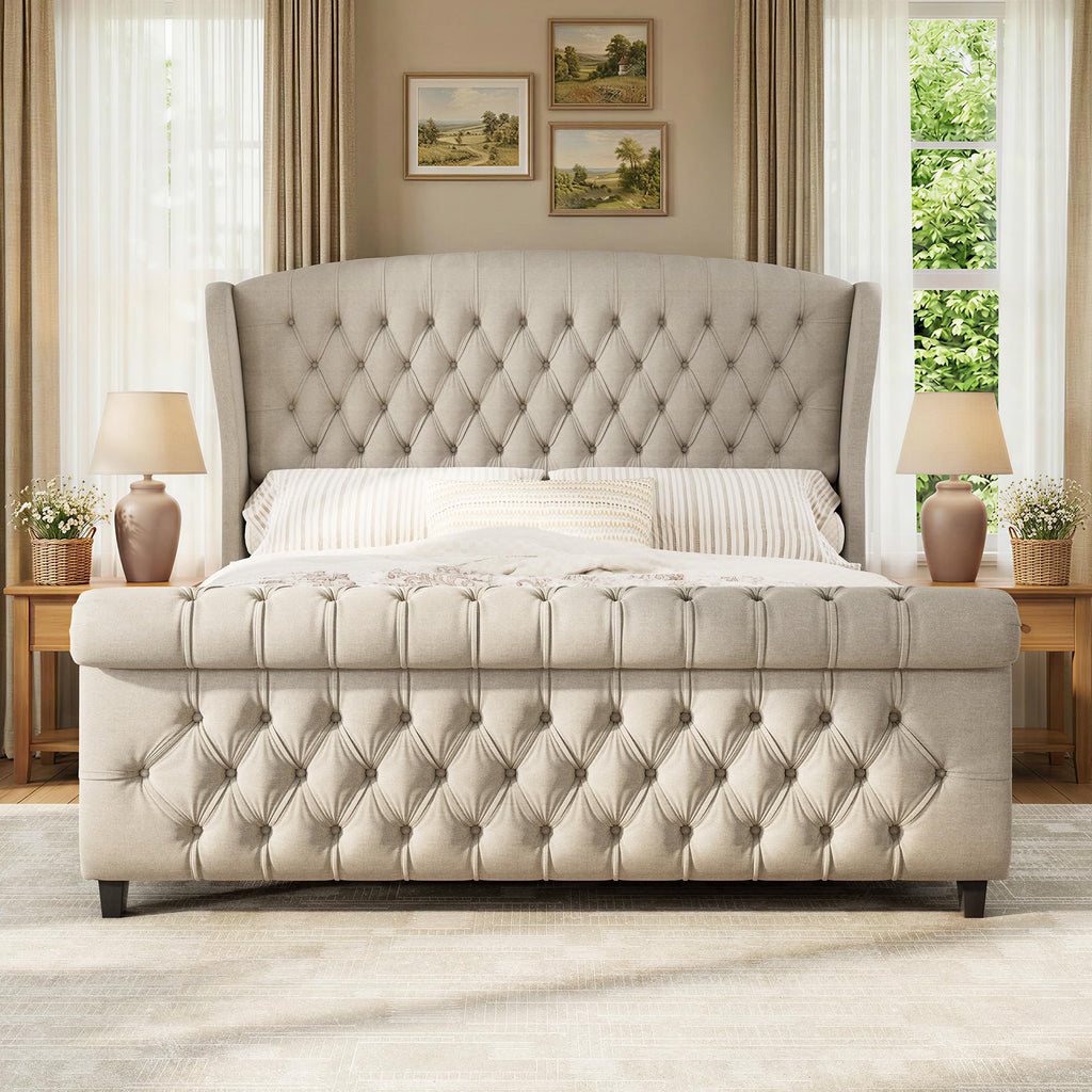 LUXOAK Queen Size Platform Bed Frame, Velvet Upholstered Sleigh Bed with Curved Headboard & Footboard, Deep Button Tufted, Wood Slats Support, No Box Spring Needed, Black