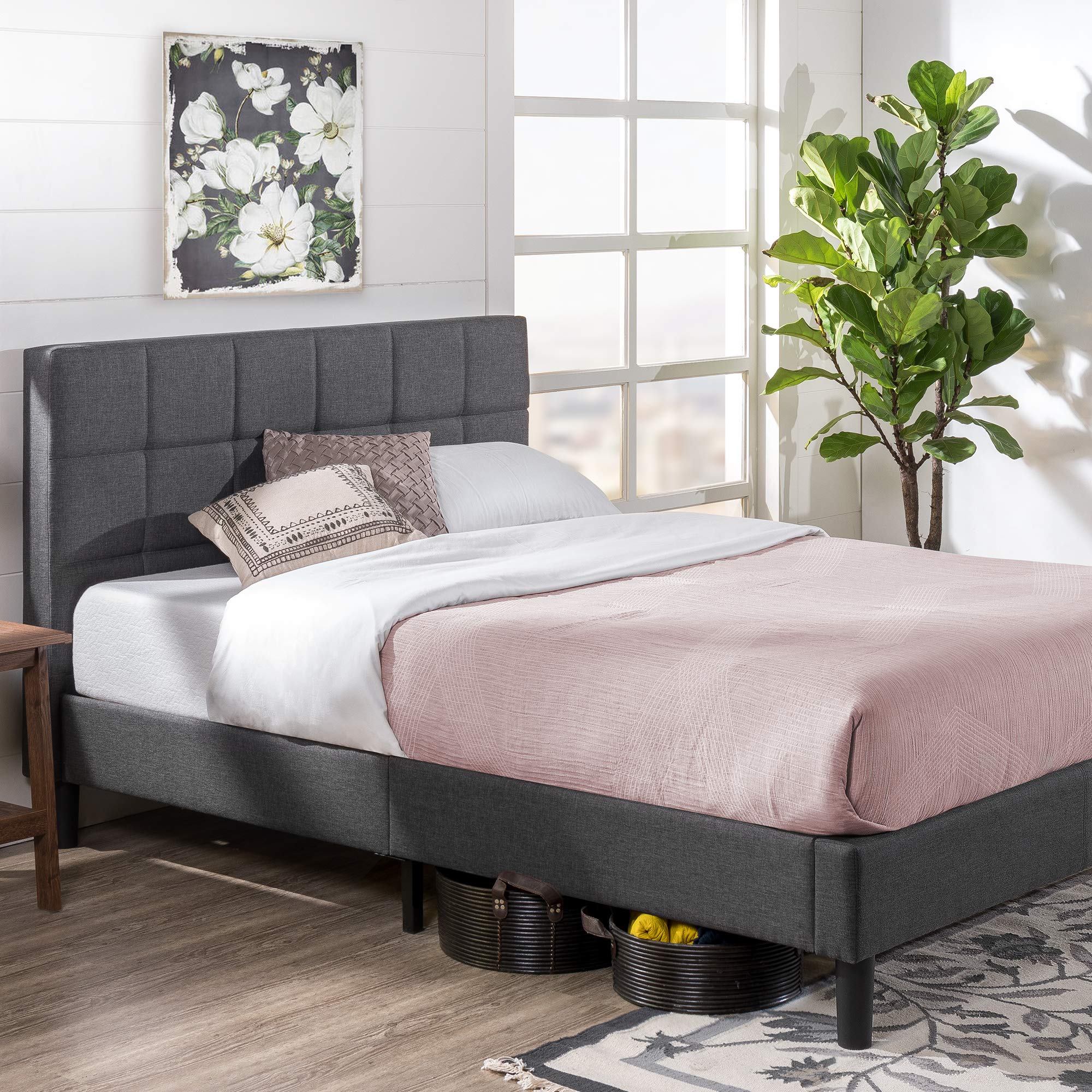 ZINUS Lottie Upholstered Platform Bed Frame with Short Headboard, Mattress Foundation, Wood Slat Support, No Box Spring Needed, Easy Assembly, Beige, Full