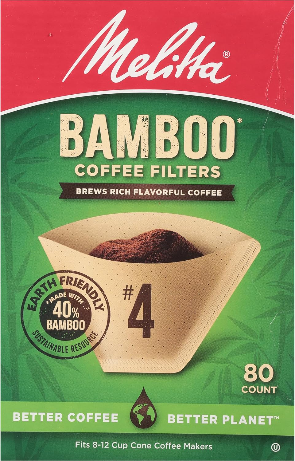 Melitta #4 Cone Coffee Filters, Bamboo, 80 Count (Pack Of 6), 480 Total Filters - Fits all 8-12 Cup Cone Coffee Makers and Pour-Overs, Compostable, Tear-Resistant, Made in USA