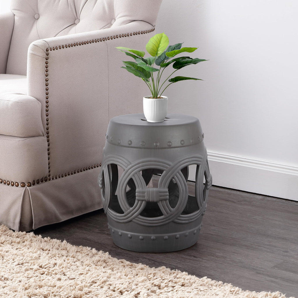 JONATHAN Y Lucky Coins 16" Ceramic Garden Stool, Contemporary Blue/White Cutout Interlocking Rings Drum Indoor/Outdoor Side Table and Plant Stand for Patio, Garden, Living Room TBL1027A