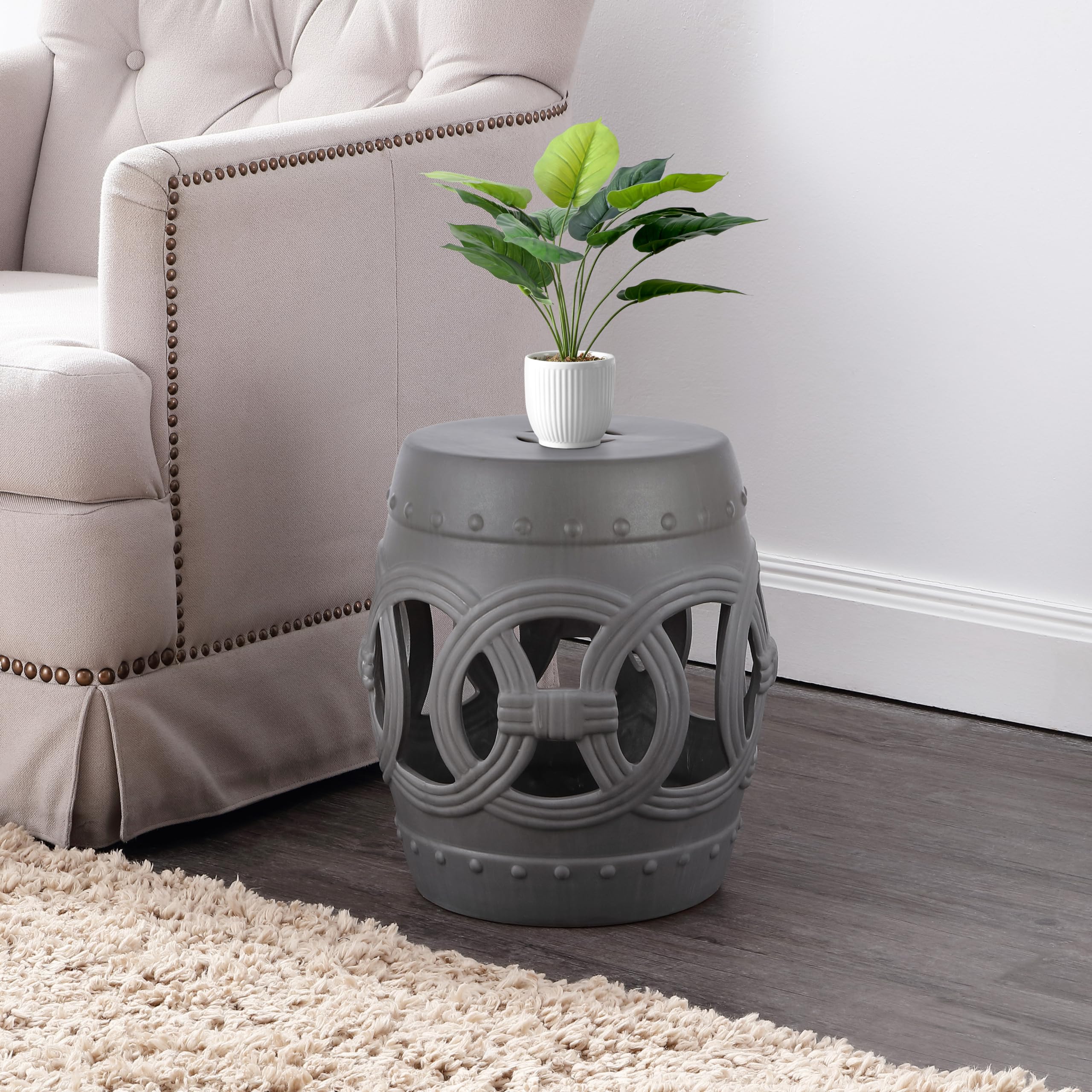 JONATHAN Y Lucky Coins 16" Ceramic Garden Stool, Contemporary Blue/White Cutout Interlocking Rings Drum Indoor/Outdoor Side Table and Plant Stand for Patio, Garden, Living Room TBL1027A