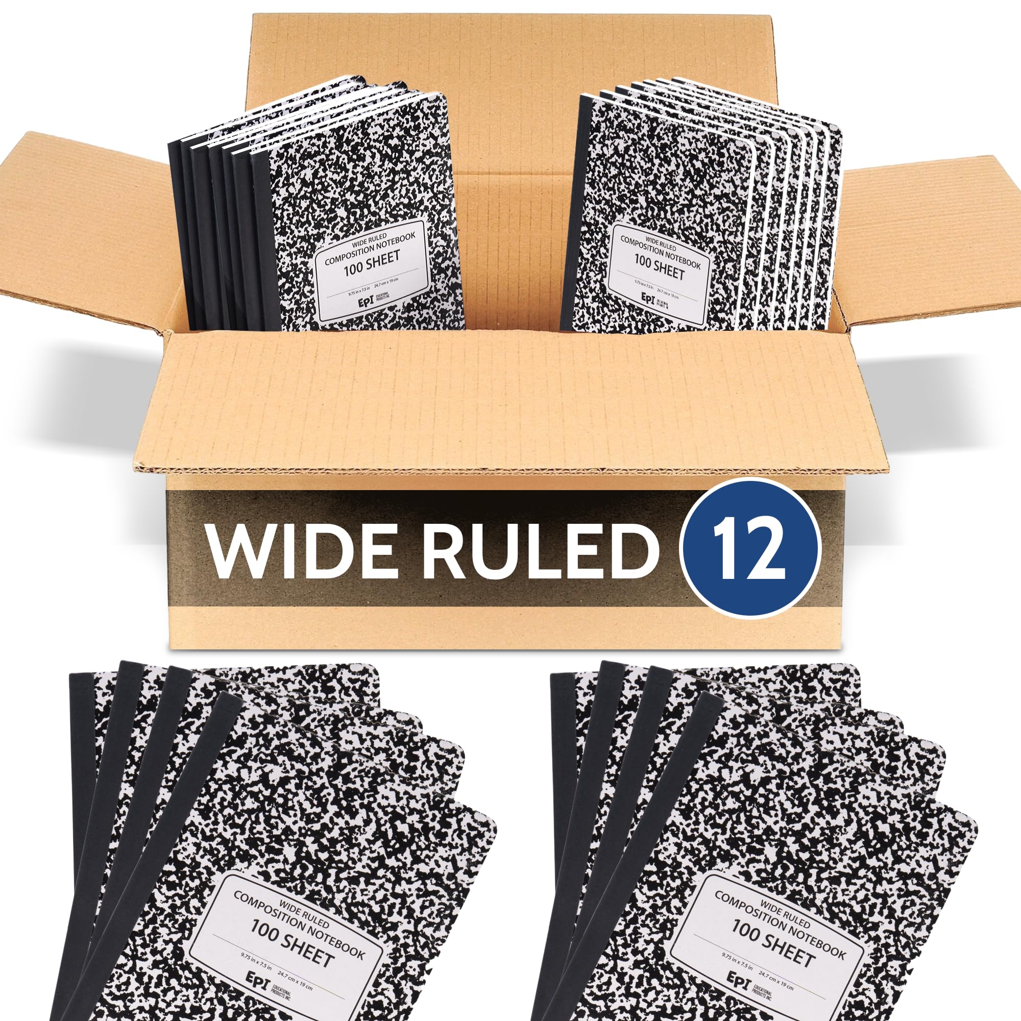 3 Pack - EPI Marble Hardcover Wide Ruled Composition Notebook | 200 Pages (100 Sheets), 9.75 x 7.5 in, Sturdy Sewn Binding | School, Office, Journaling, Notes