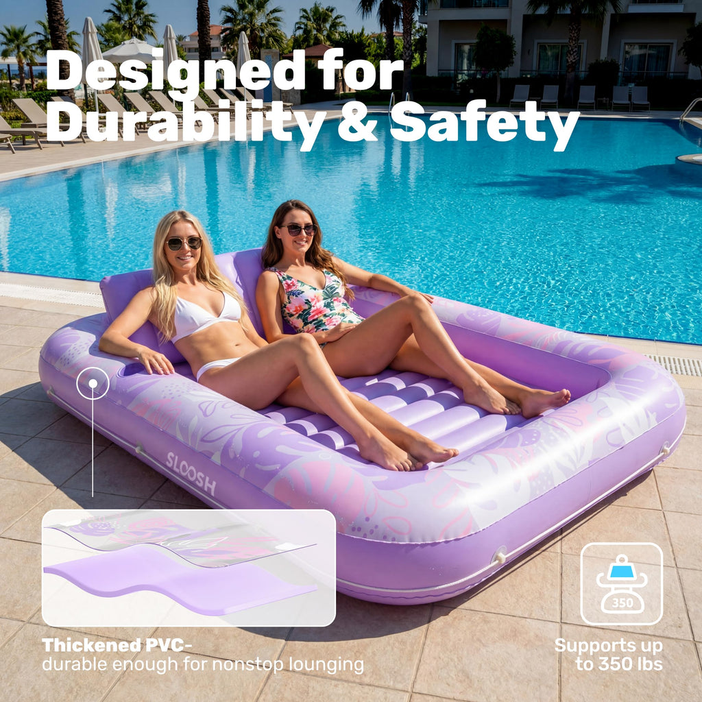SLOOSH Inflatable Tanning Pool Lounger Float, 85" x 57" Extra Large Pool Floats Adult with Pillow, 4 in 1 Suntan Tub Raft Floatie,Sunbathing Bed Lounge for Water Blow Up Ball Pit Party Gifts, XL-Blue