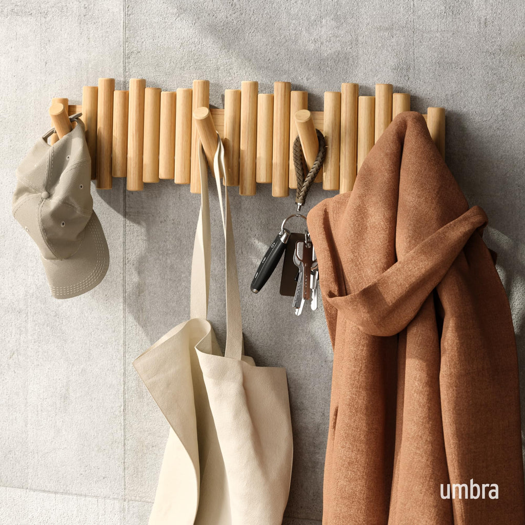 Umbra Picket Wall-Mounted Coat Rack Rail Hook with 5 Retractable Wood Pegs – Modern, Space-Saving Storage Organizer, Black