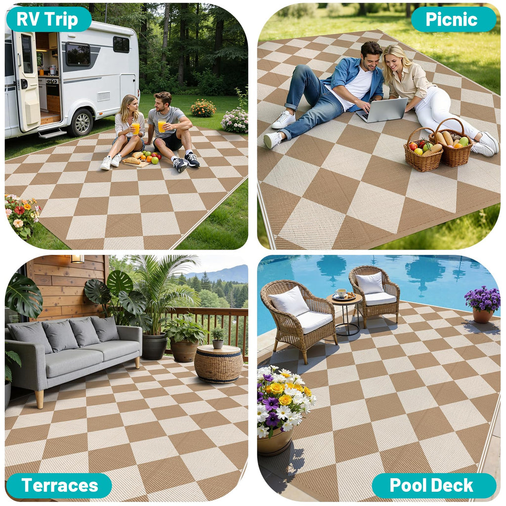 HEBE Checkered Outdoor Rug Waterproof 5x8, Reversible Plastic Straw Rug RV Camping Rug, Indoor Outdoor Patio Mat Clearance, Outside Carpet for Porch,Deck,Camper,Balcony,Backyard,Picnic