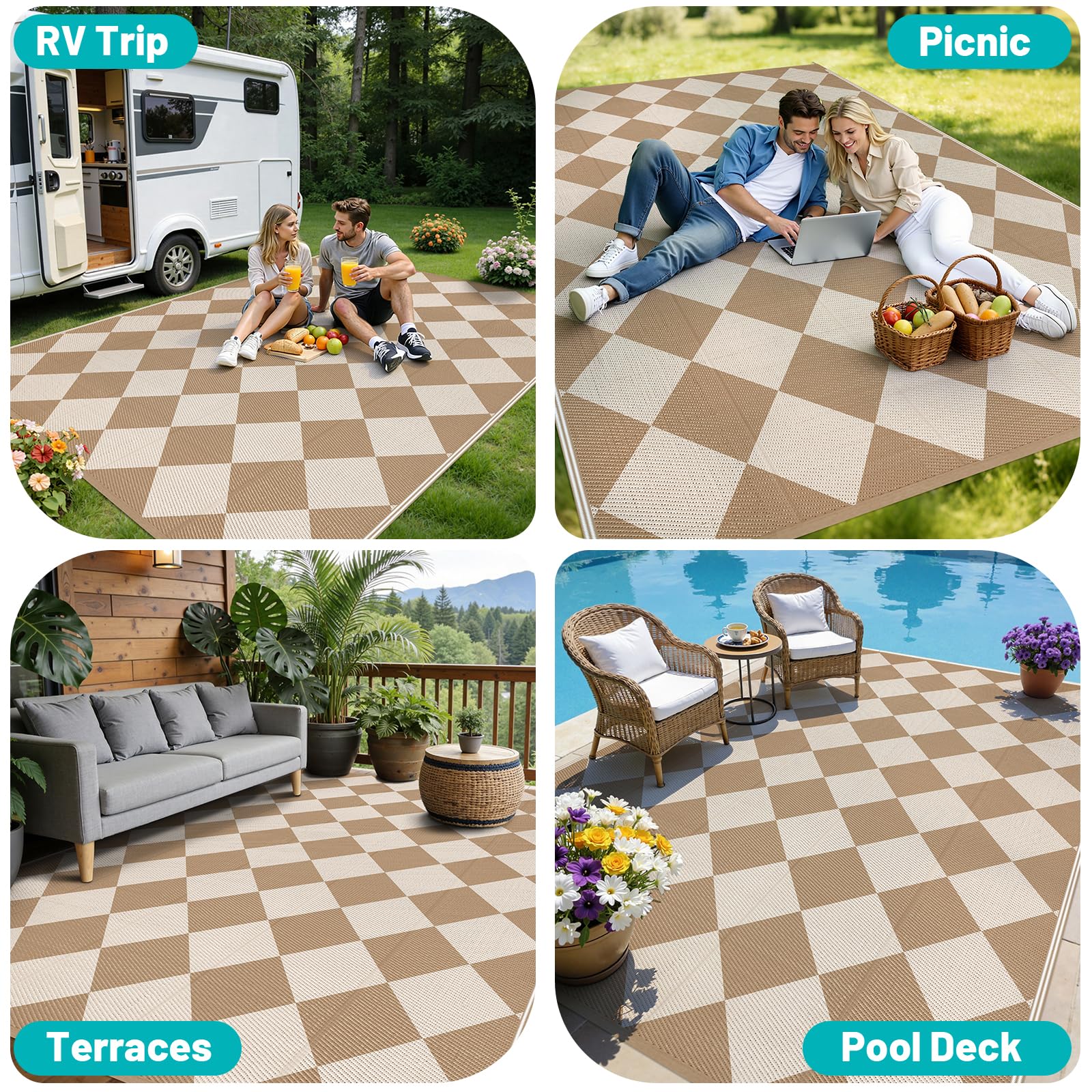 HEBE Checkered Outdoor Rug Waterproof 5x8, Reversible Plastic Straw Rug RV Camping Rug, Indoor Outdoor Patio Mat Clearance, Outside Carpet for Porch,Deck,Camper,Balcony,Backyard,Picnic