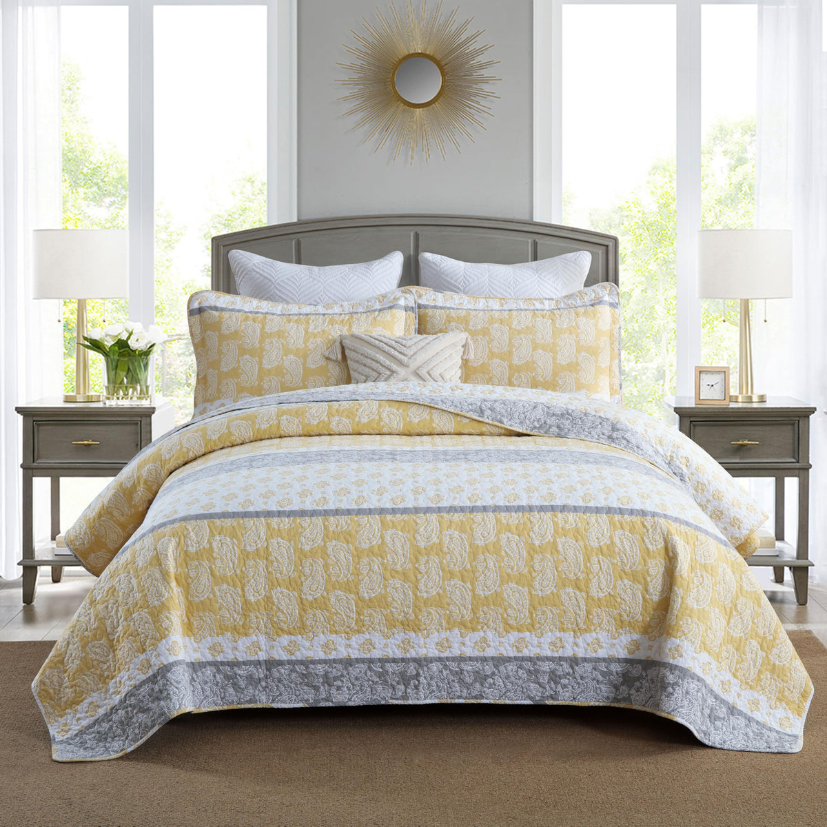 Yellow Quilts Queen Size, Paisley Comforter Set Queen Cotton Bed, Yellow Grey White Comforter, Striped Bedding Queen Size, Lightweight Luxury Bedspread,3 Piece
